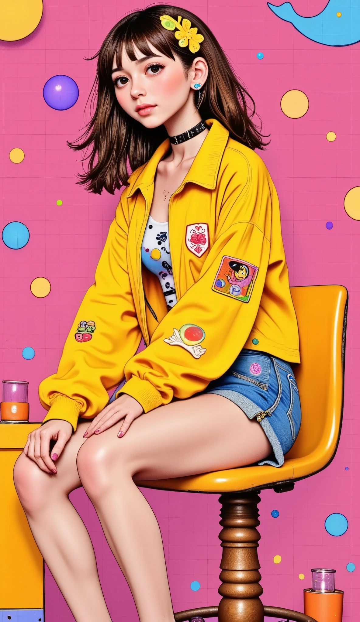 full body shot, Look at the camera from the side , false eyelashes a woman sitting on a stool making bubbles with chewing gum a yellow jacket with fallen men denim shorts, she is sitting next to the camera with a raised hand making with her fingers the symbol of victory , The other arm over the legs , pink background chewing gum brown hair with movement , Cyberpunk art by Ross Tran , trend in artstation , digital art, vibrant cartoons of Rossdraws , Style Ross Tran, In the style of Ross Tran , vibrant pastel Rossdraws , work of art in the style of Guweiz , artgerm style, ilya Kuvshinov with long hair
