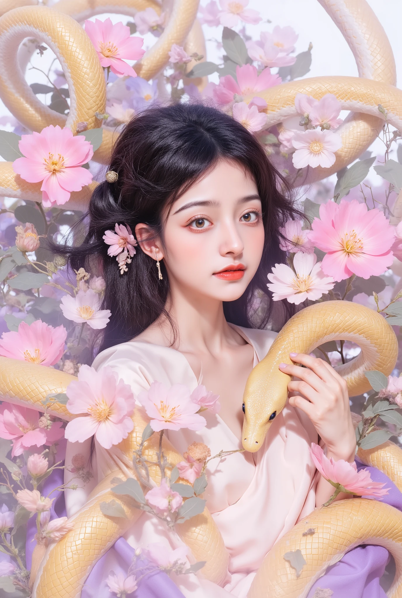 1 girl,flower, Lisianthus ,以Light Pink和浅青色为风格, dreamy romantic composition , Light Pink, Flowing leaves , interesting arrangement ,Fantasy , high contrast , Ink Strokes, explode, Overexposure, impression of purple and red tones , Summarize , (( watercolor )) Brush Strokes , Negative Space, golden snakes circling around