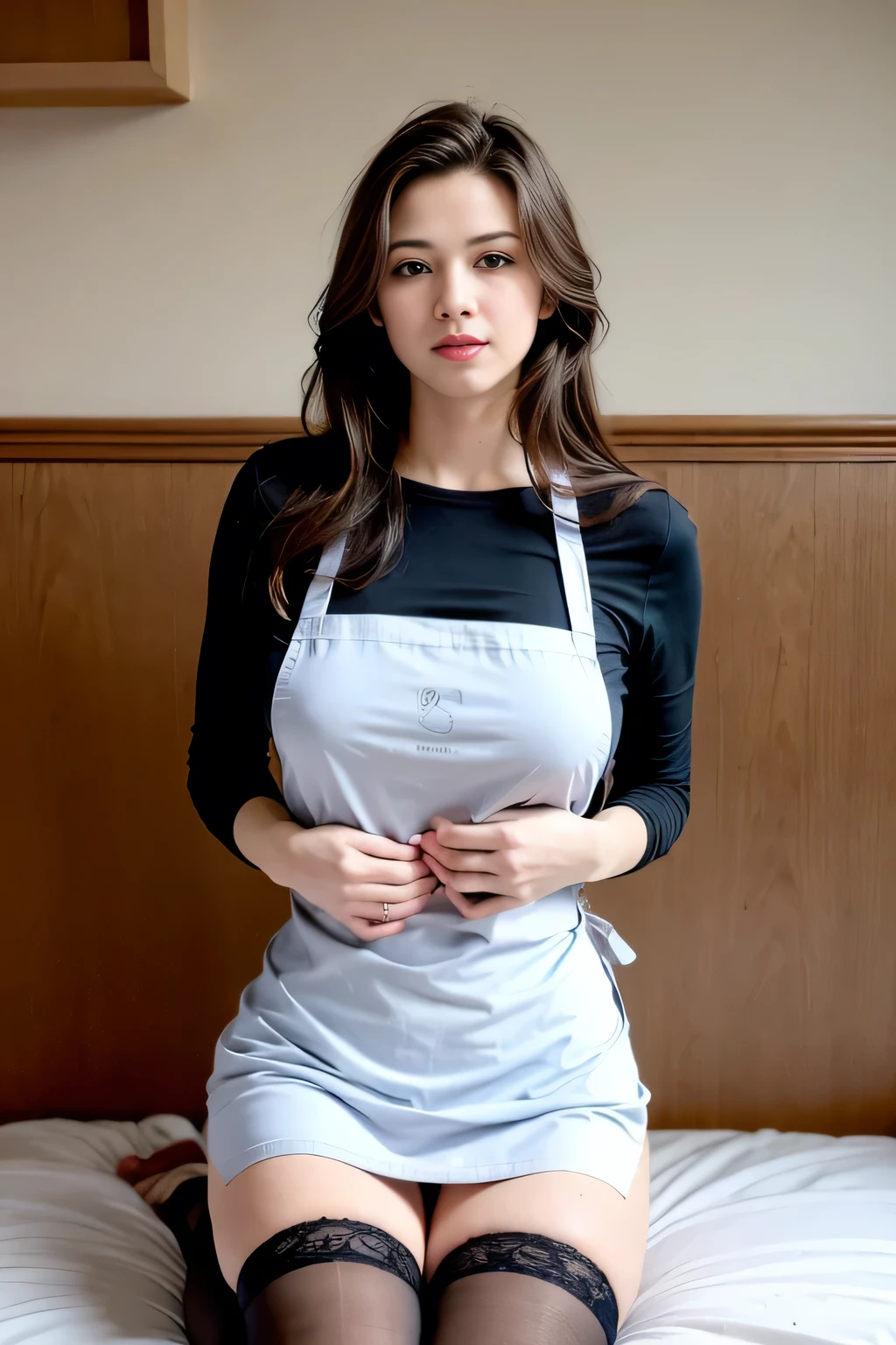 Realistic, Masterpiece, Top Quality, (Detailed Eyes), young Girl,  Full Body, Huge breast, open chest shirt, without wearing a bra, shy,  teacher, naked_apron, half smile,Young man burying her face in a woman's breast, Surprised woman, Stockings, Short tight skirt