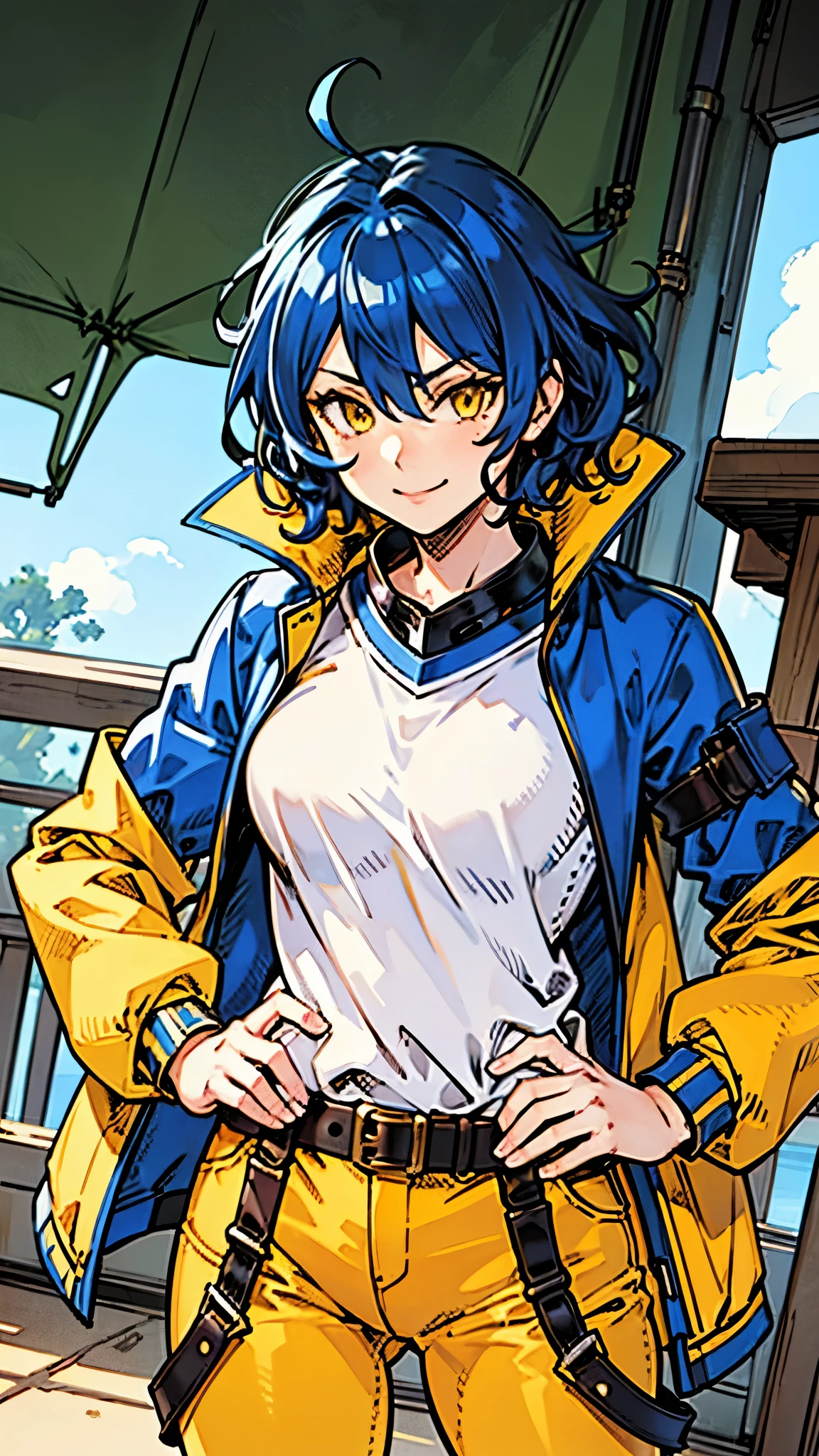 best quality, pastel colors, high details, solo girl, 1girl, 18s, anime girl, strong, cool, messy hair, short hair, royal blue hair, wavy hair, shiny yellow eyes, white shirt, yellow jacket, cocky smile, fight stand, mid-size