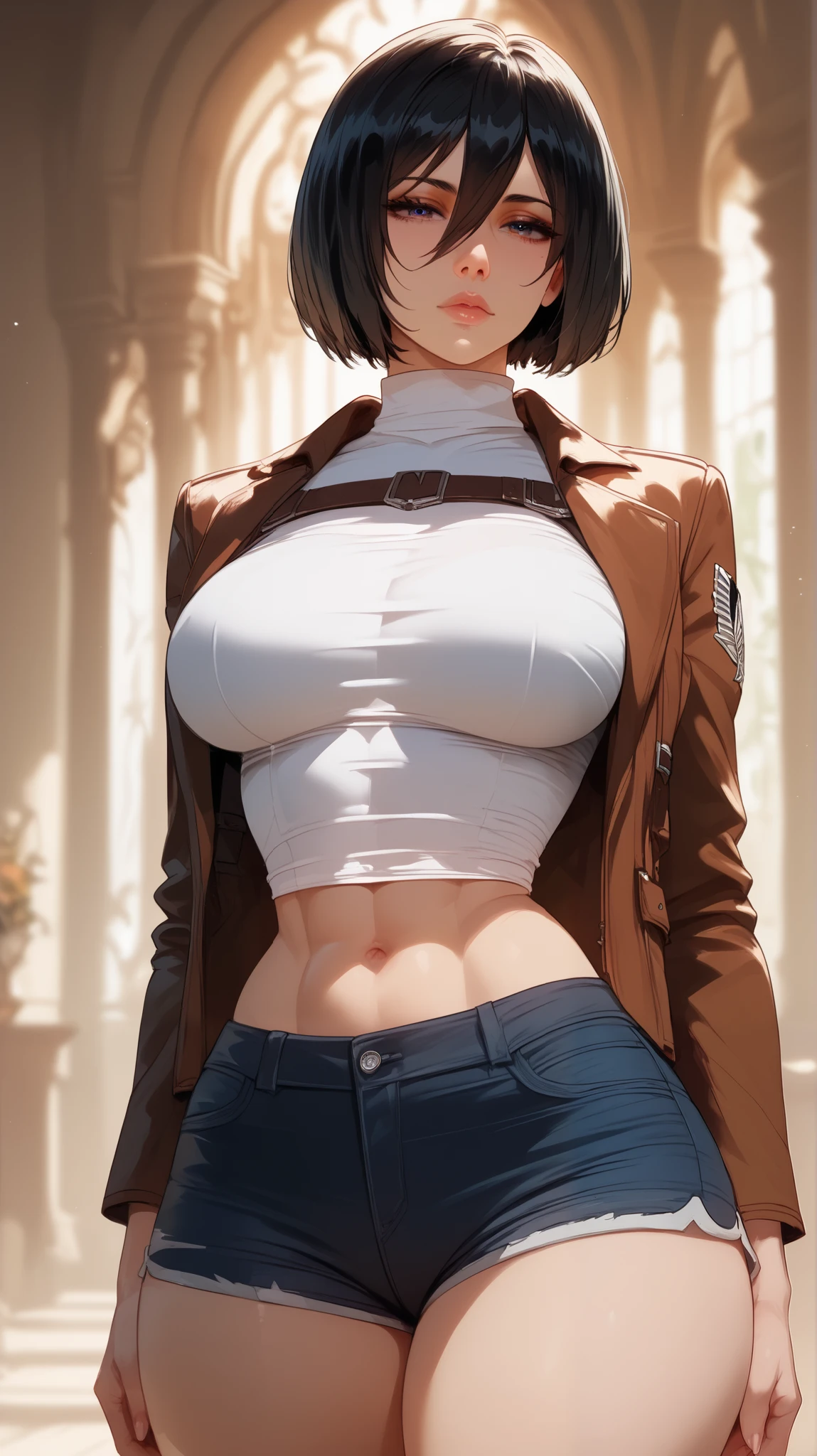 Mikasa Ackerman style ,  perfect eyes ,  perfectly sexy face, ultra detailed,  ultra perfect eyes ,  big beautiful woman , standing, dark blue shorts, Long breasts,  black hair,  short hair, Body,