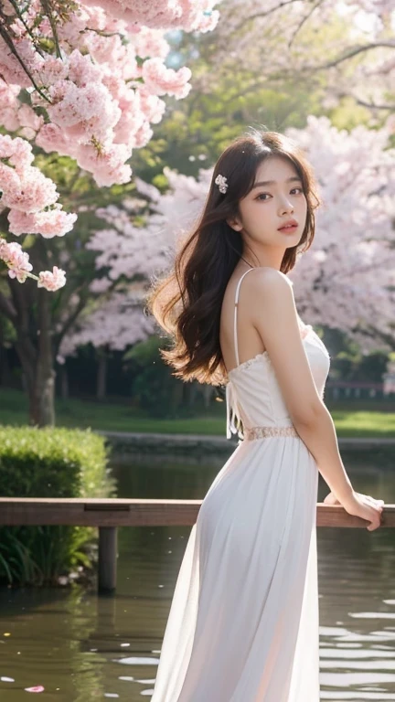 a breathtaking Korean influencer posing in a serene cherry blossom park during peak bloom. She’s wearing a flowing pastel dress that harmonizes with the delicate pink and white blossoms around her. Her hair is adorned with small flowers, and her gaze is soft and captivating. The sunlight filters through the blossoms, casting a dreamy glow. She stands on a quaint wooden bridge over a small stream, surrounded by the tranquility of nature, creating an ethereal and romantic ambiance.
