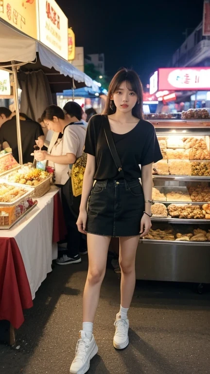 an image of a gorgeous Korean influencer in a vibrant street market during the evening, illuminated by colorful neon signs and warm ambient lights. She’s dressed in a chic, casual outfit with trendy sneakers and a small crossbody bag. Her radiant smile and confident posture exude energy and charm. In one hand, she holds a skewer of Korean street food, adding a playful and relatable vibe. The lively market scene is bustling with people, showcasing stalls of traditional Korean snacks, adding depth and authenticity to the setting.