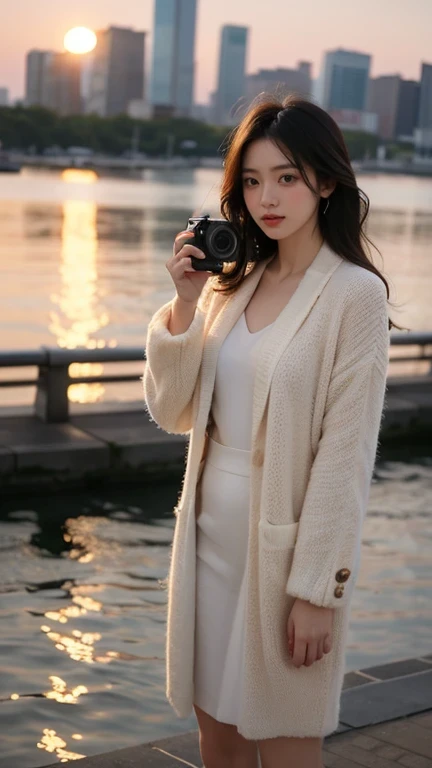 a stunning Korean influencer standing on a picturesque riverside promenade at sunset, with the city skyline and twinkling lights reflecting in the water behind her. She’s dressed in a flowing, stylish outfit in soft neutral tones, perfectly accentuating her graceful silhouette. Her hair cascades naturally, catching the golden hues of the setting sun. She radiates confidence and charm, holding a small camera in one hand as if capturing moments of her journey. The atmosphere is a blend of urban sophistication and tranquil beauty, framing her as the centerpiece of the scene.