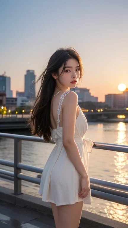 a stunning Korean influencer standing on a picturesque riverside promenade at sunset, with the city skyline and twinkling lights reflecting in the water behind her. She’s dressed in a flowing, stylish outfit in soft neutral tones, perfectly accentuating her graceful silhouette. Her hair cascades naturally, catching the golden hues of the setting sun. She radiates confidence and charm, holding a small camera in one hand as if capturing moments of her journey. The atmosphere is a blend of urban sophistication and tranquil beauty, framing her as the centerpiece of the scene.