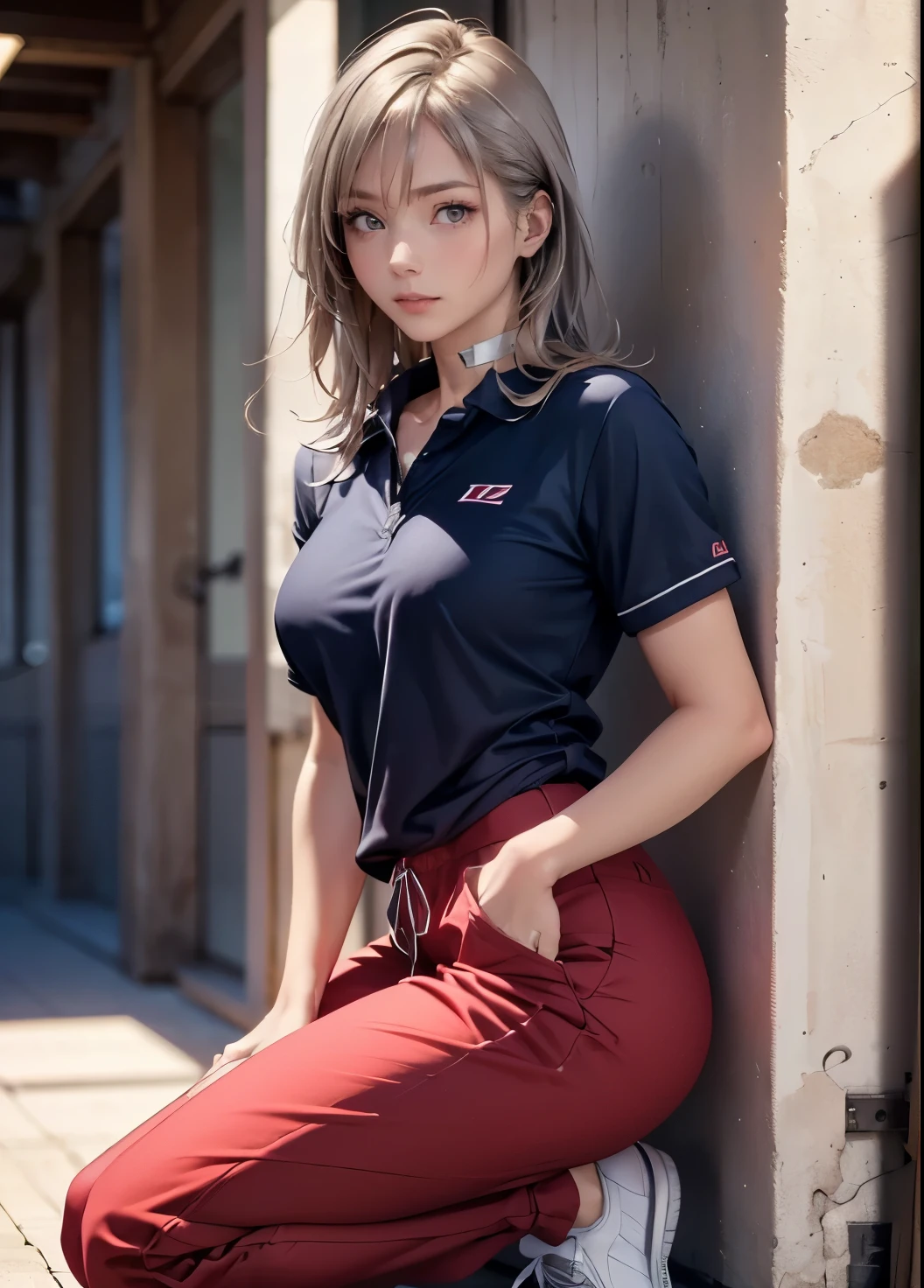 (Masterpiece:1.2,  best quality ), ( realistic, photo realistic:1.4),  character depth  , (  natural side lighting  ,  movie lights), 
 stares at viewers,  1 girl,  Japanese ,  high school girl,  perfect face,  cute and well-groomed face ,   shiny skin, 
( Making middle hair ,  straight hair,  Silver Hair),  hair between eyes, Crimson Eyes, Shining Eyes,  big eyes,  long lashes, ( medium boobs ), slender, 
 beautiful hair,  beautiful faces ,  beautiful detailed eyes,  beautiful collarbone,  beautiful body,  beautiful breasts ,  Beautiful Thighs,  Beautiful Legs,  Beautiful Fingers , 
{{{ sporty and easy to move in uniform design 。 tops are polo shirts based on white 、 cuffs and collar （example:  red x navy ）The line of comes in。 bottoms are shorts or jogger pants （ color is black ）。 jacket is a light blouson type 、 bold graphic print on the back。 white sneakers }}}。((The background is wide々 schoolyard or gymnasium with lines ))。