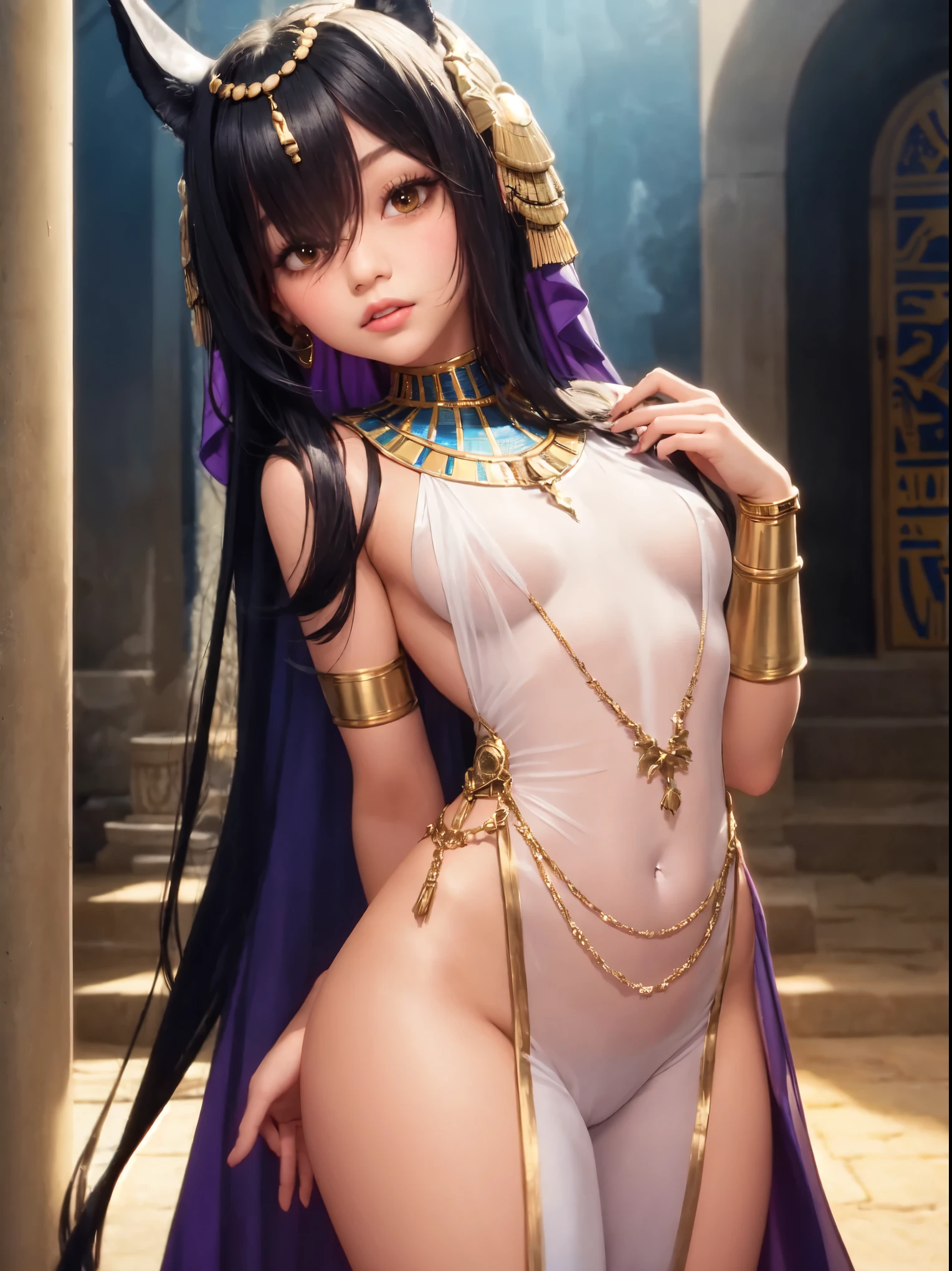 Create an image of Cleopatra relaxing on a luxurious bed in her royal bedroom. She should be depicted reclining gracefully on a bed adorned with rich, silk linens and elaborate cushions. Cleopatra is dressed in an elegant, flowing robe with intricate gold and jeweled details, emphasizing her regal status. Her dark hair is styled in a traditional Egyptian fashion, and she wears opulent jewelry, including a golden headpiece. The bedroom is richly decorated with Egyptian motifs, including ornate furniture, gilded decorations, and soft, ambient lighting from oil lamps and candles. Cleopatra's pose is relaxed yet regal, exuding both comfort and royal dignity as she enjoys a moment of peace in her lavish surroundings.
、(((Short Bob Hair)))、(((naked))、(((Female organ)))、(((pubic hair)))、(((Leg spread)))