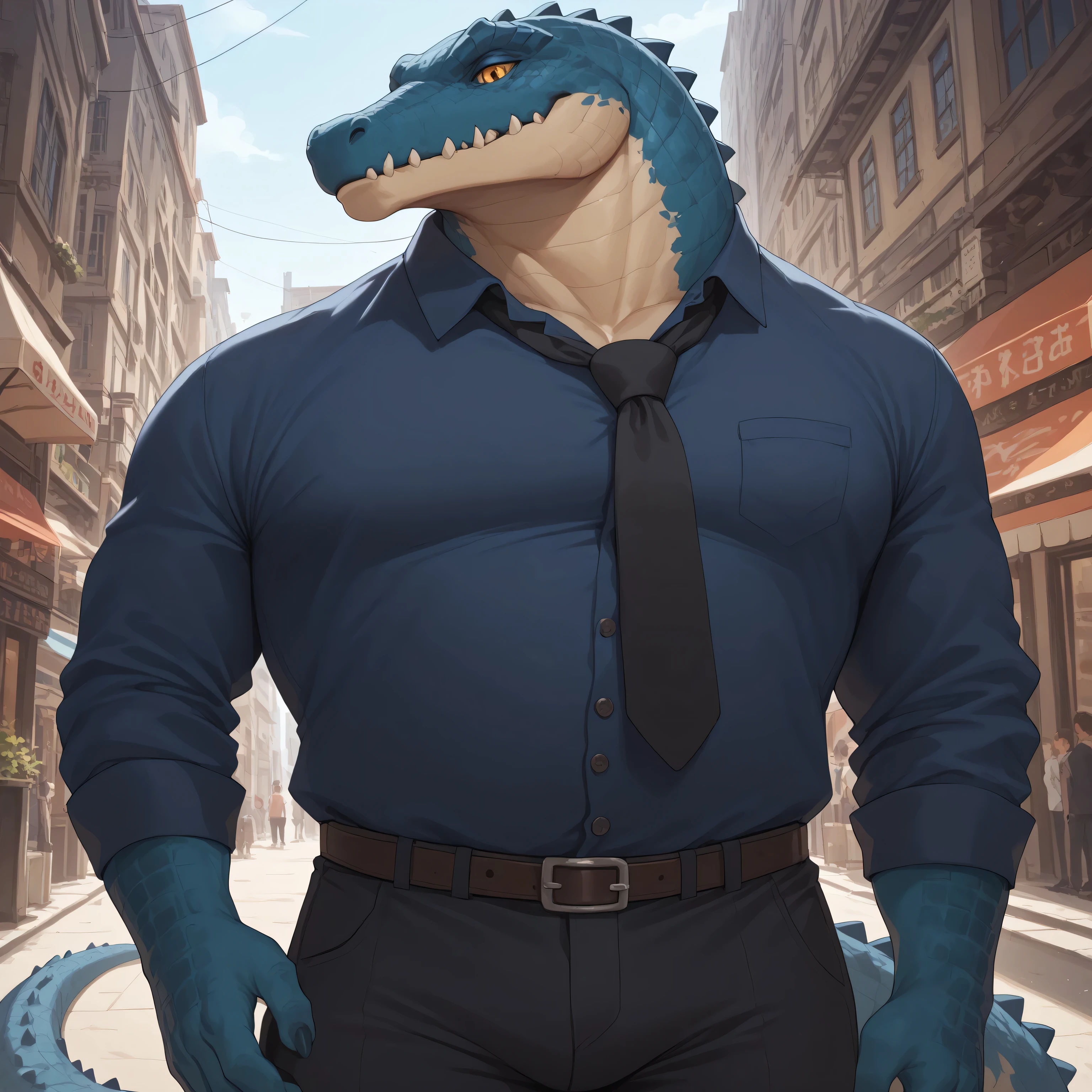 (Masterpiece) (High Detail) (High Res) A large muscular Anthro Crocodile Male with dark navy blue scales on his body and a dark navy blue crocodile tail and amber eyes with bioluminescent blue ridges and spikes on his body and a white lower jaw and neck. He is wearing a button-up shirt and smart black trousers and a tie. Smart attire. He is stood in the street in a city with large high-rise skyscrapers. 