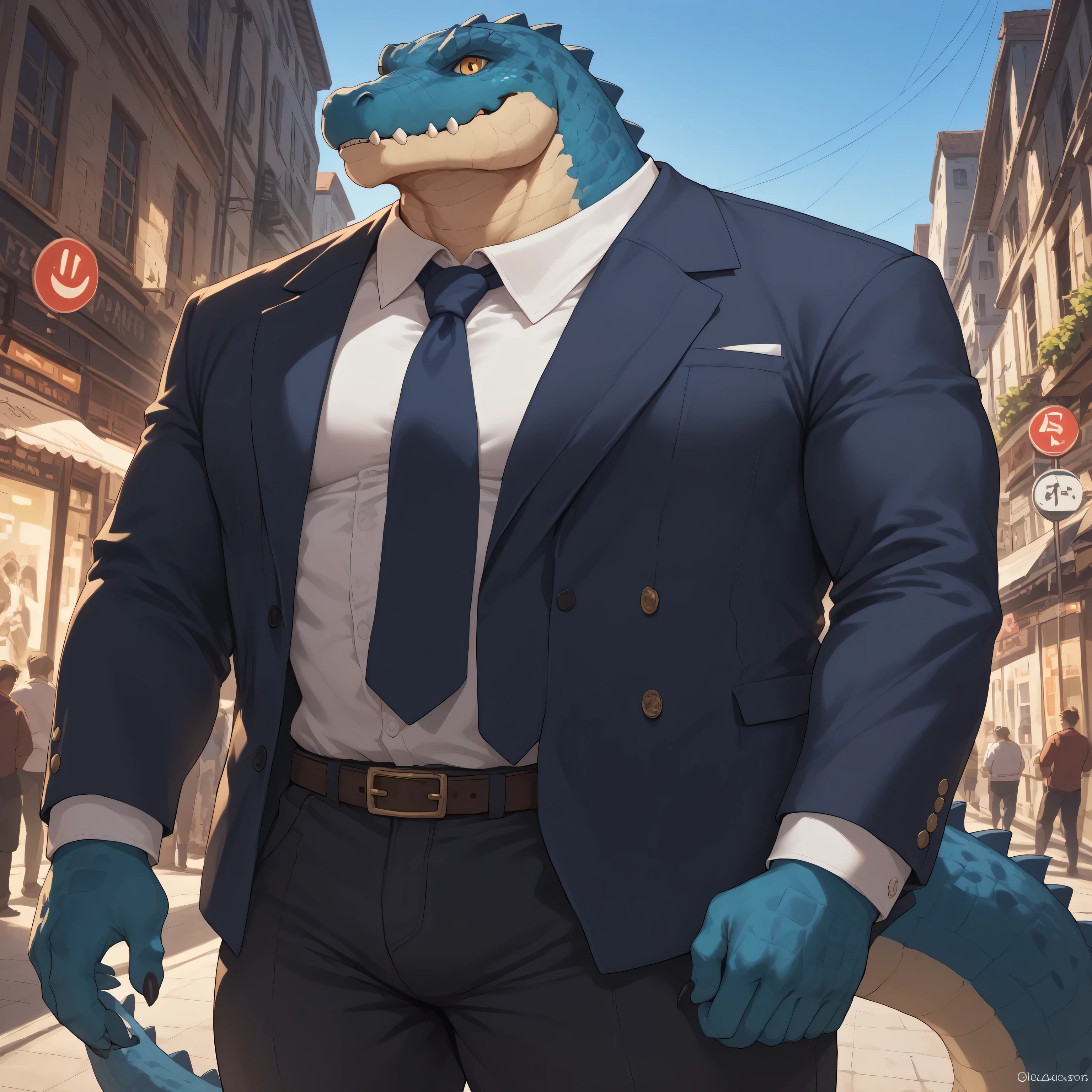 (Masterpiece) (High Detail) (High Res) A large muscular Anthro Crocodile Male with dark navy blue scales on his body and a dark navy blue crocodile tail and amber eyes with bioluminescent blue ridges and spikes on his body and a white lower jaw and neck. He is wearing a button-up shirt and smart black trousers and a tie. Smart attire. He is stood in the street in a city with large high-rise skyscrapers. 