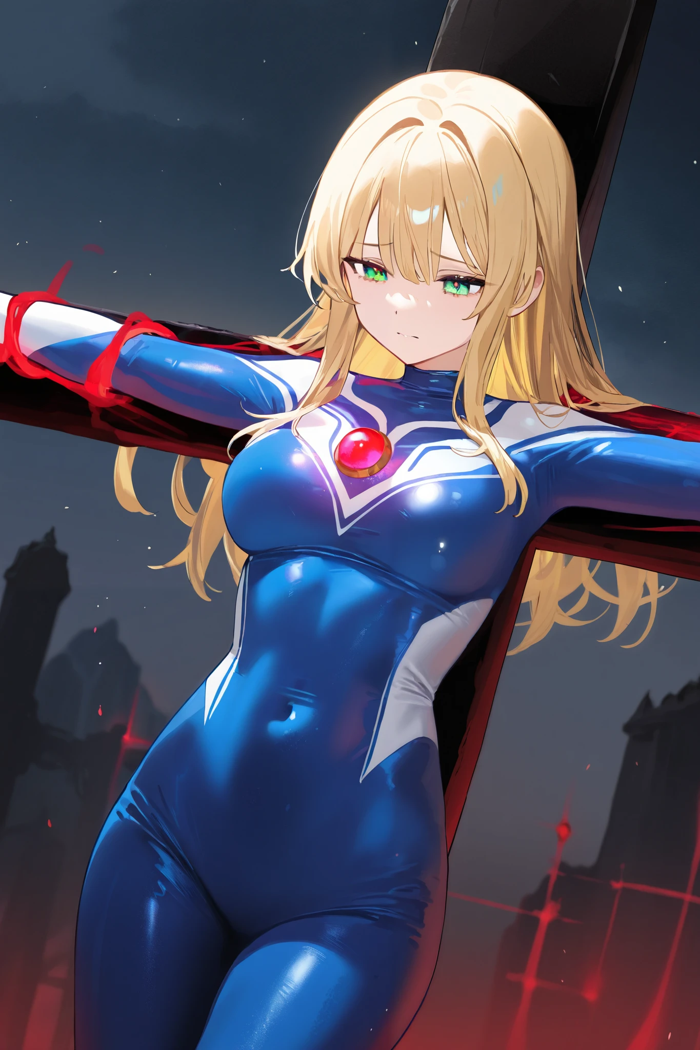 1girl, solo,blonde hair,green eyes,long hair,
ultragirl, blue bodysuit with white patterns, red gem on chest, in sky,sad,dark sky,spread arms,Restrained by a red energy rings.crucifixion,
masterpiece, best quality, very aesthetic, novel illustration,detailed background,