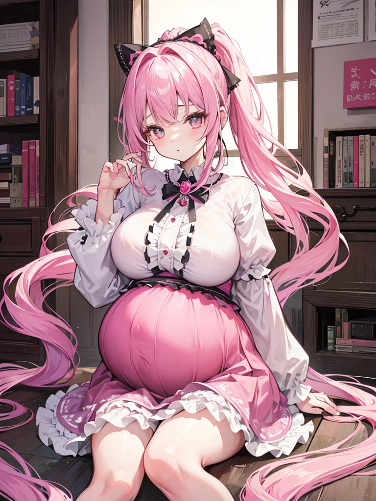 1 girl, Pink Hair, Long double ponytail, Pink shirt, Fluffy collar, White fluffy skirt, Use your hands to control your heart, White ribbon on hair, Lots of hair accessories, Lolita，(Pregnant，Huge breasts：1.8)