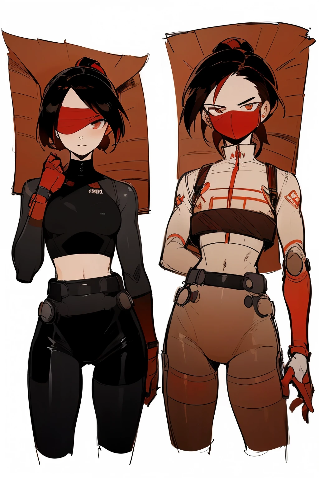 Mastepiece, Best Quality, Reference, white background, Character sheet, clothes sheet, (Dress only photo), ((clothes sheet:1.5)), (Multiple Perspectives, [whole body]:1), (blindfold, face covering, lace), ((black and red tone:1.5), wear crop top, bodysuit:1.5), ((gender neutral:1.0)), modern, science, (ponytail, black hair, red highlights, waist length hair)