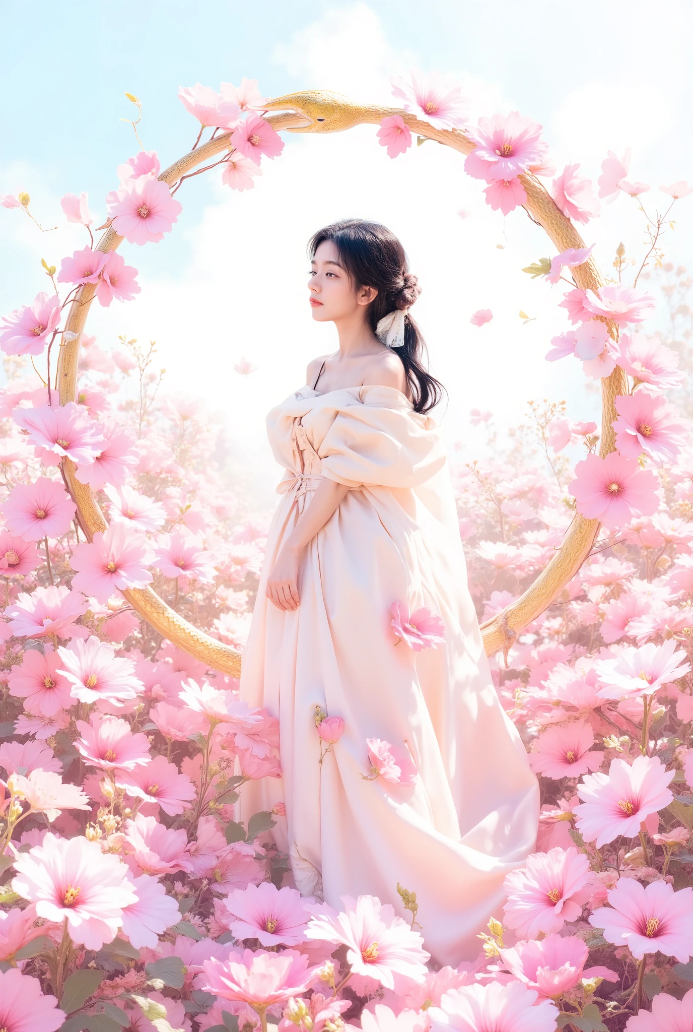   1 girl,flower, Lisianthus    ,以Light Pink和浅青色为风格,    dreamy romantic composition   , Light Pink,  Flowing leaves   ,    interesting arrangement   ,Fantasy   ,    high contrast   , Ink Strokes, explode, Overexposure,      fuchsia impression    , Summarize , ((  watercolor  ))    Brush Strokes   , Negative Space,  circling golden snake  