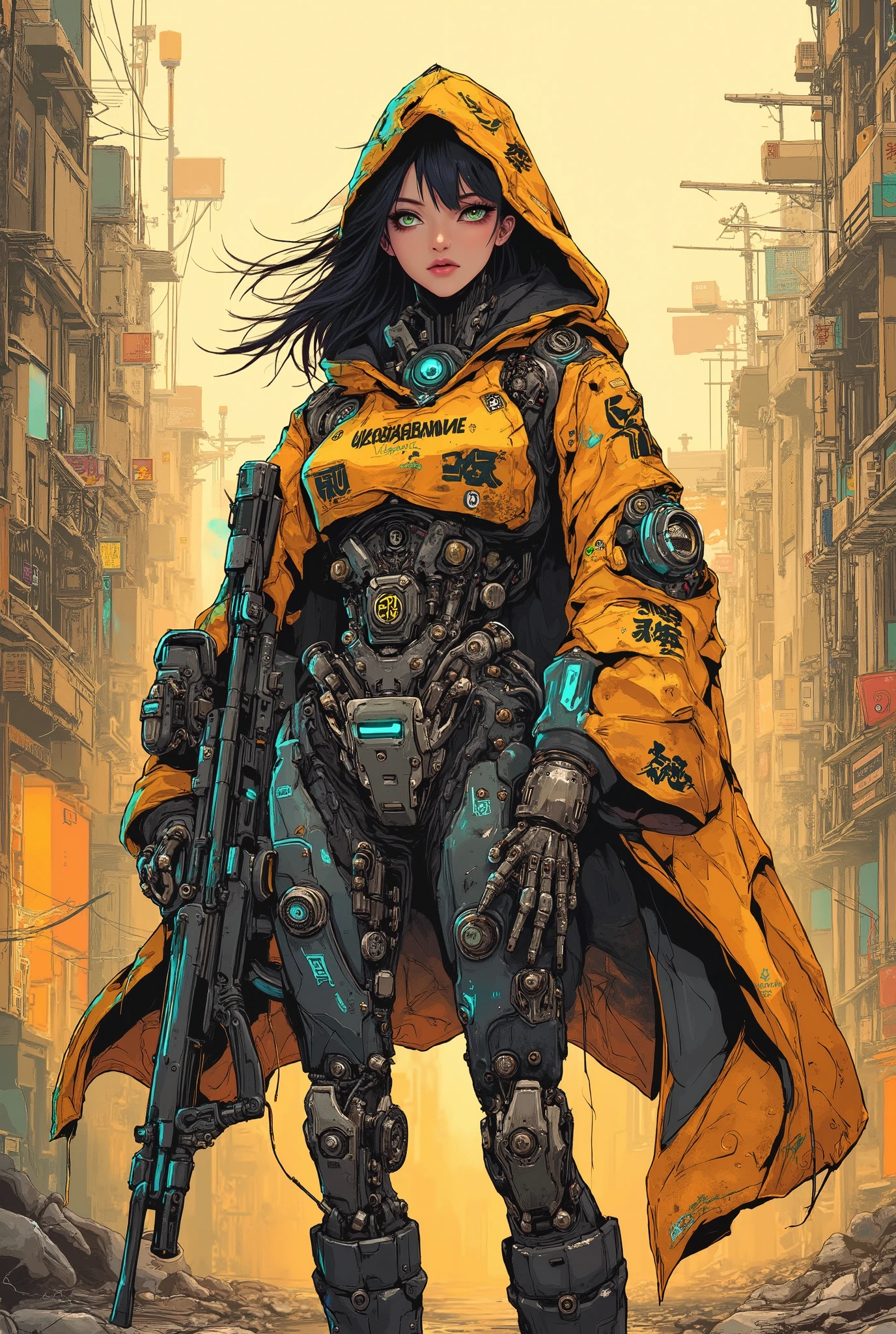 ((anime art style ((magazine cover)) illustration) of (perfect Asian cyborg girl wearing a extremely intricate cybernetic plug suit and holding a rifle, wearing a tattered hooded cloak))、(Machine Body), ((LED lights)), (((dynamic pose))), warm colours, perfect features, abstract beauty, near perfection, Pure Form, concept art, intricate detail, 8k post-production, High resolution, super Detail, trending on ArtStation, sharp focus, black very short hair, Cinema Art Style,Cinematic Lighting, standing in RUINED CITY、A strong wind is blowing、cyber punk、nsfw:1.2、((Exposed internal machinery))、((Machine arms and legs))、Beautiful fashion model、Cute Japanese Girl、 double eyelid、(round face)、 mouth slightly open、Cute idol high school girl face、Beautiful face in mid-s、Energetic Young Gravure Idol, Beautiful Japanese girl face, Cute seductive smile, Japanese Model, Beautiful Asian Girl, Girl cute beautiful face.