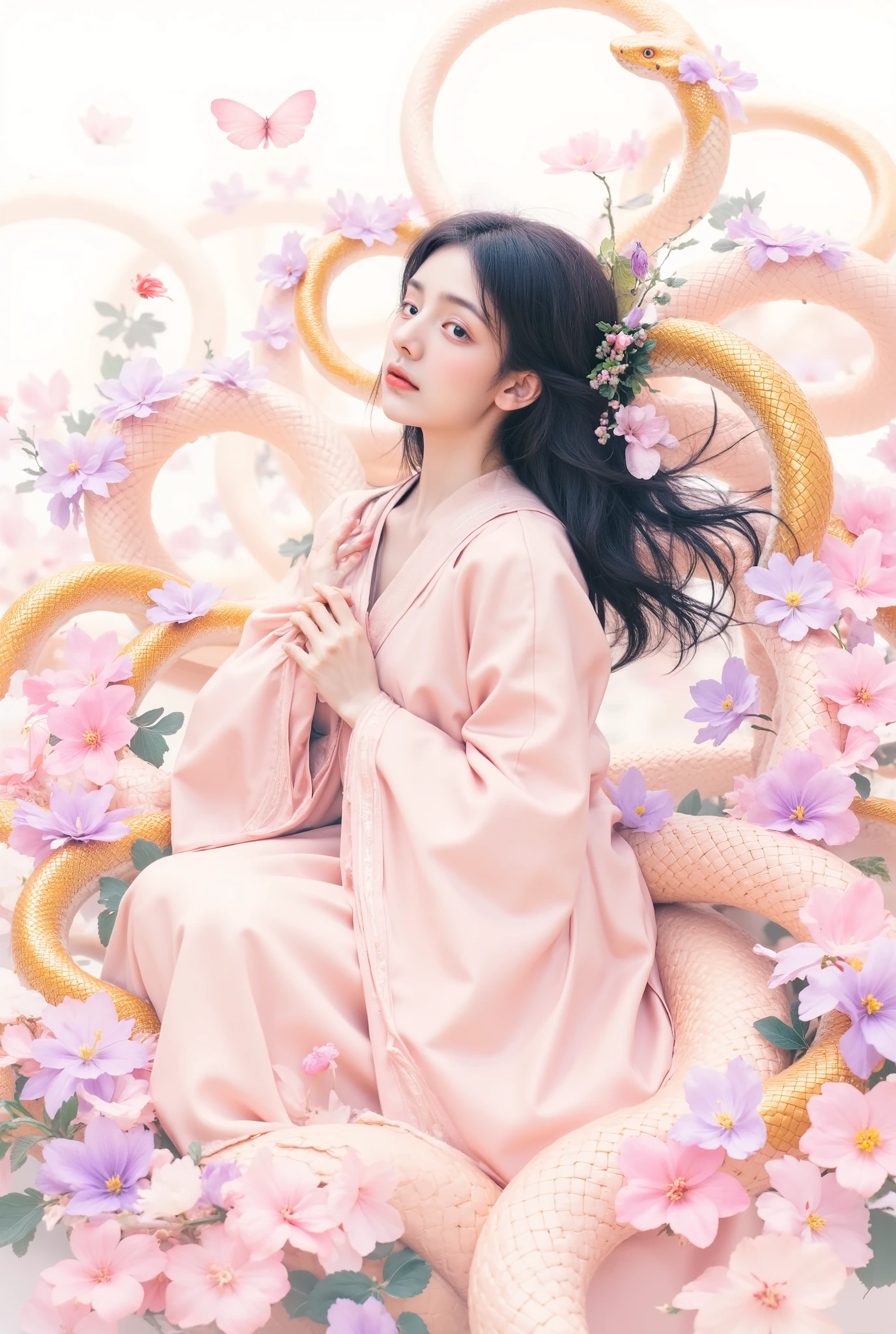  1 Girl,flower, Lisianthus   ,In the style of Light Pink and Light Teal,   dreamy romantic composition  , Light Pink,  Flowing leaves  ,   interesting arrangement  ,Fantasy   ,   high contrast  , Ink Strokes, explode, Overexposure,     impression of purple and red tones    , Summarize , ((  watercolor  ))   Brush Strokes  , Negative Space, golden snakes circling around 
