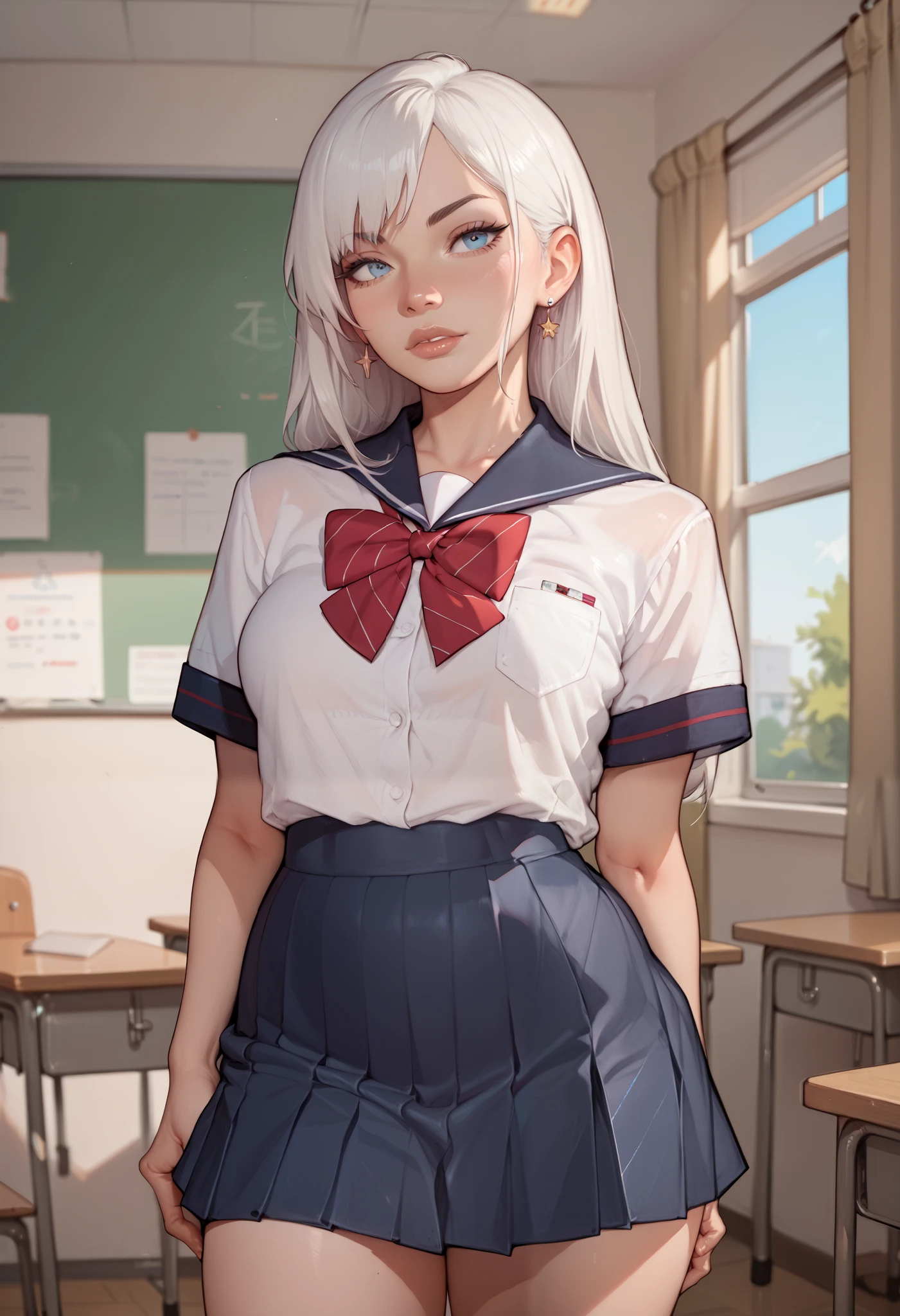 girl, school uniform, white hair, stand