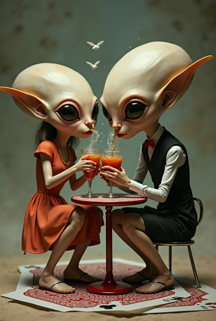 2 aliens, one woman and one man, very ugly, monster faces, tender look looking at me , with green eyes little ears on the beach sunbathing sitting drinking a juice in the background the beach