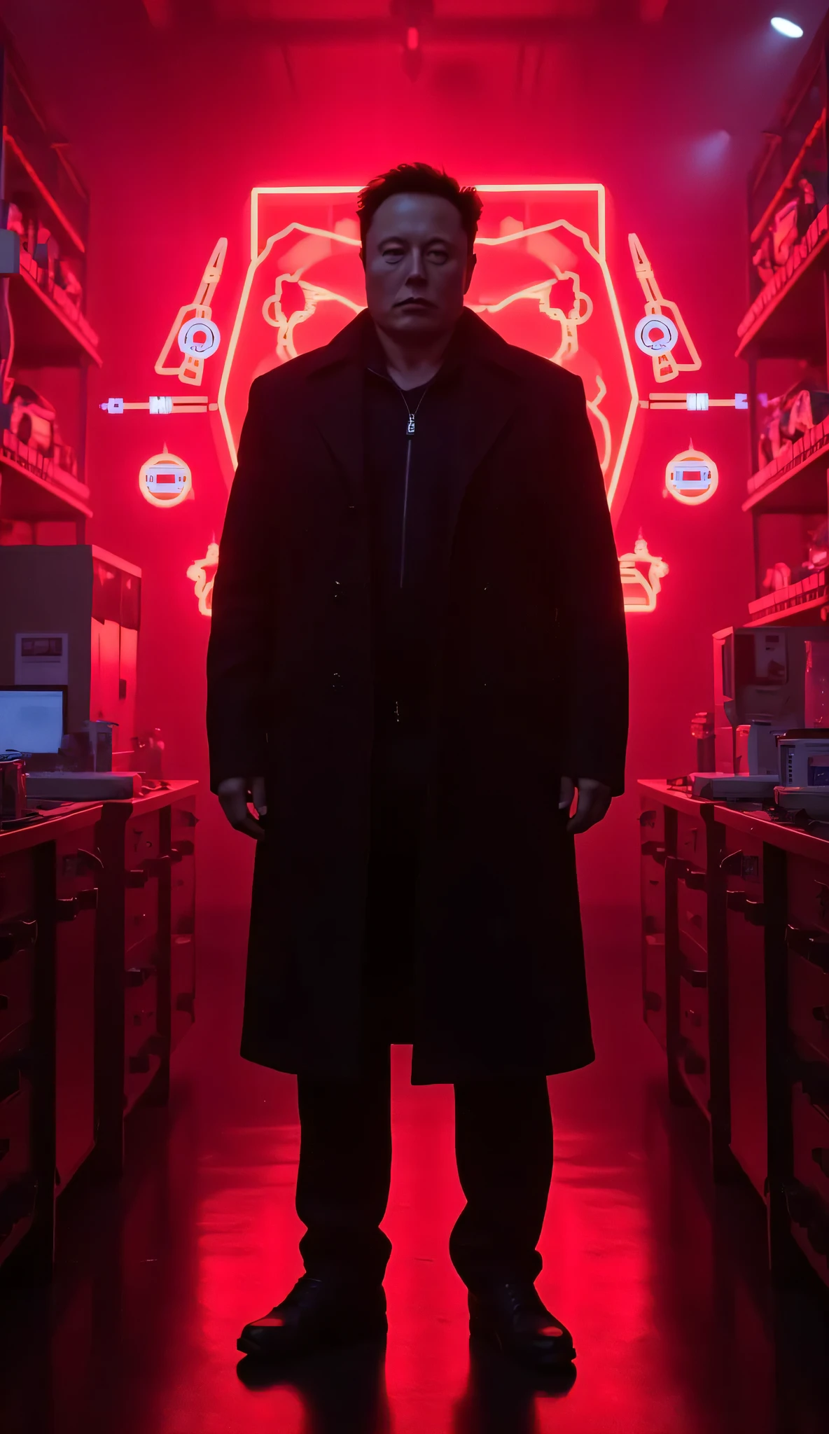 A shadowy silhouette of Elon Musk standing in a dimly lit futuristic laboratory, with glowing neon designs of cars, rockets, and satellites behind him, all veiled in an ominous red light.