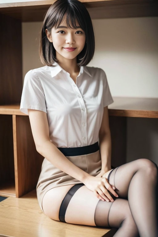 a women, factory clerk, wearing work clothes, skirt, panties, straddling to hit her crotch on exposed pipe, open legs, raise leg, masturbation, ecstasy, in the factory, machines, ceiling, nameplate, id card, hair up