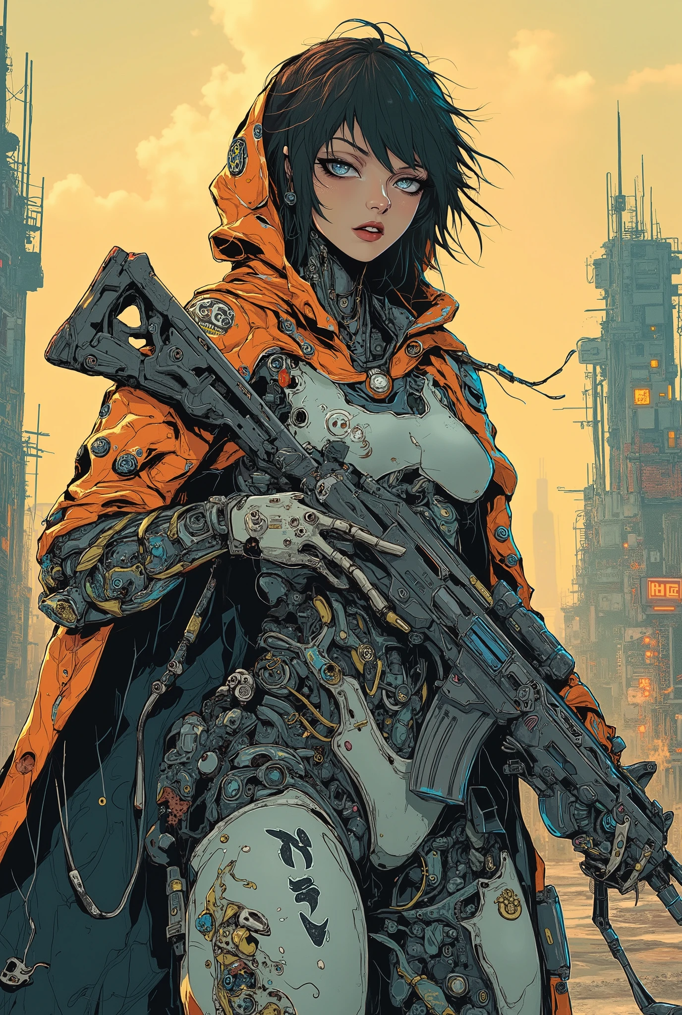((anime art style ((magazine cover)) illustration) of (perfect Asian cyborg girl wearing an intricate cybernetic plug suit and holding a rifle, wearing a tattered hooded cloak))、(Machine Body), ((LED lights)), (((dynamic pose))), warm colours, perfect features, abstract beauty, near perfection, pure form, concept art, intricate detail, 8k post-production, High resolution, super Detail, trending on ArtStation, sharp focus, black very short hair, Cinema Art Style,Cinematic Lighting, standing in RUINED CITY、A strong wind is blowing、cyber punk、nsfw:1.2、((Exposed internal machinery))、((Machine arms and legs))、Beautiful fashion model、Cute Japanese Girl、 double eyelid、(round face)、 mouth slightly open、Cute idol high school girl face, Beautiful Japanese girl face, Cute seductive smile, Japanese Model, Beautiful Asian Girl, Girl cute beautiful face.