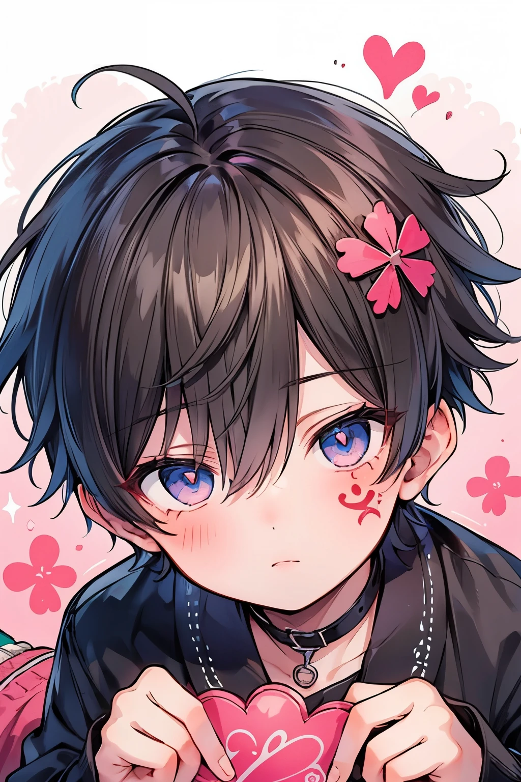 ((1-boy :1.5)), pleasant face,Puzzled,((Many clover mark:1.0)),((rolling eye:1.0)),Short Hair, brown hair,♥️,(NSFW:0.2),(ahoge:0.5),tattoo own Face with heart