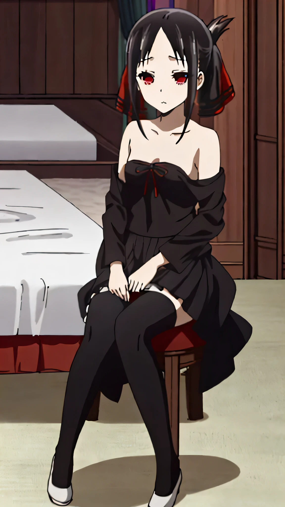 ((ultra quality)), (masterpiece), ((work of art)), ((8k)), ((yor)), Nvidia ray tracing, cinematic lighting, murderer,((Kizi)), alone, ((Bblack hair)), (beautiful  face), enchanting, ((happy facial expression)), looks at the camera with a slight smile, (white skin color), (Caucasian skin), body shine, ((beautiful detailed female eyes)), ((Eyes red)), (beautiful female lips), (dark eyeliner), (beautiful female hands), ((ideal female figure)), ideal female body, beautiful waist, beautiful hips, medium breasts, (cloth: red sweater, ((lace trim panties), ((subtle and beautiful)), standing, lies sedately, ((Depth of field)), ((high quality clear image)), (clear details), ((high détail)), realistically, ((Focus Clear)),cute, アニメ.