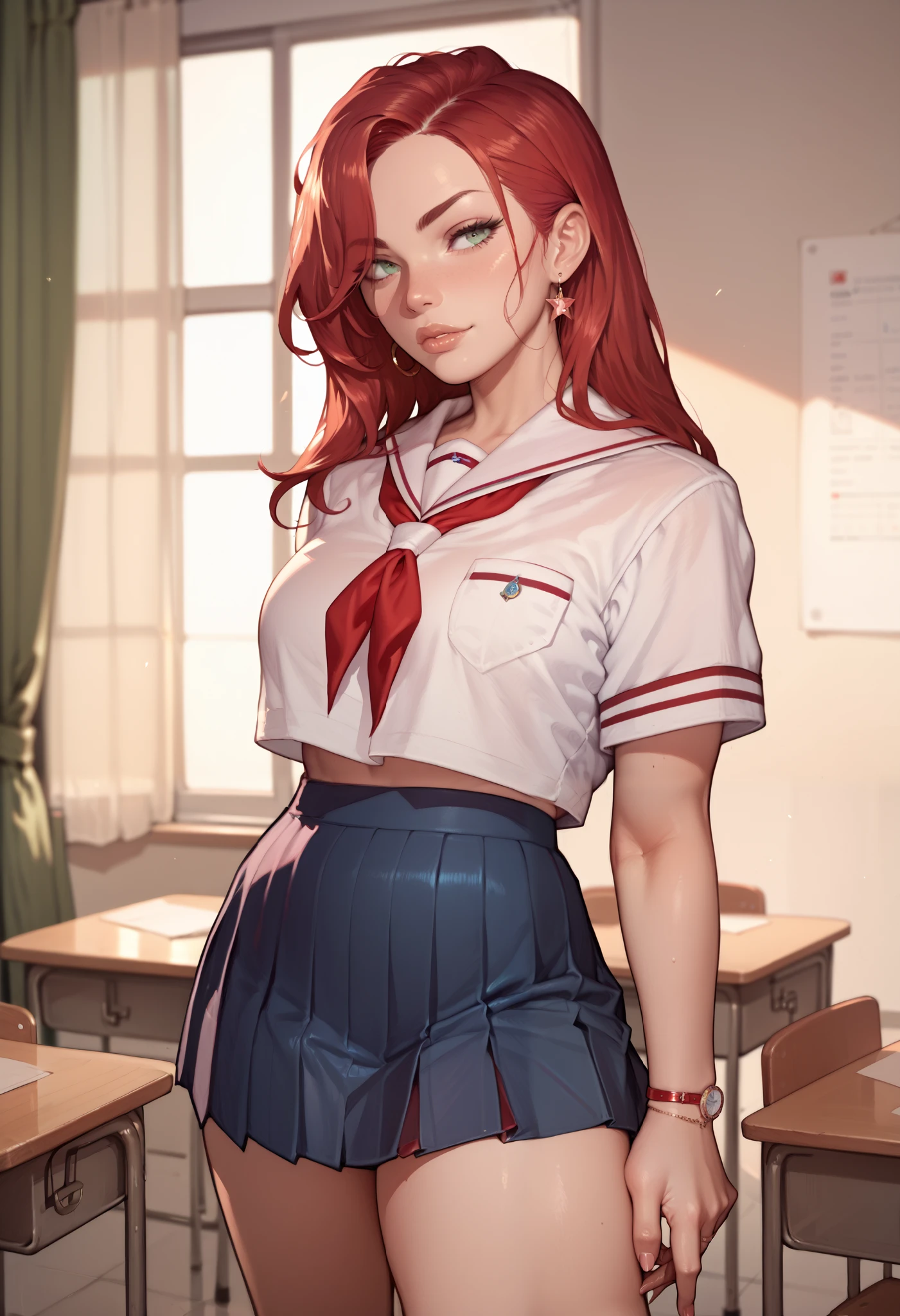 girl, school uniform, red hair, stand