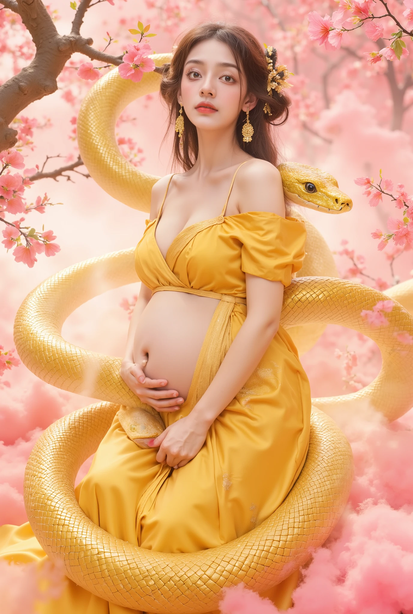 gold snake,a beautiful Asian woman,dressed in a golden , MILK PREGNANCY, WHERE PINK COLOR IS SPILLED AND INCLUDES CHERRY BLOSSOMS
