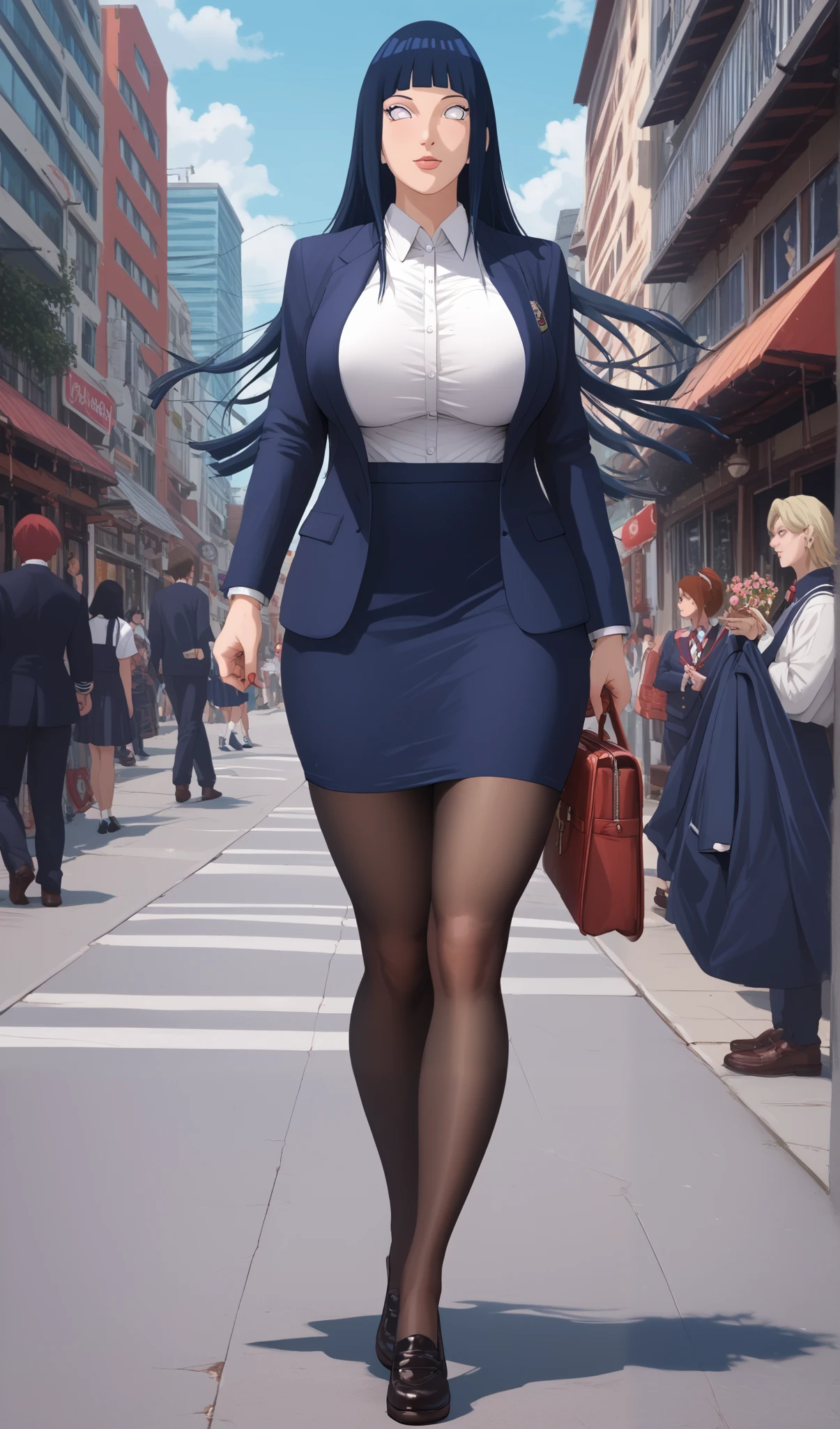 Hinata_Hyūga/Boruto, DARK BLUE HAIR, White EYES, LONG HAIR, BLUNT-BANGS HAIR. Score_10, Score_9, Score_8_up, Score_7_up, Score_6_up, Score_5_up, Score_4_up, Source_anime, Tag1, Tag2, Quality_masterpiece, Anatomically correct, Beautiful face, Perfect face, Highly detailed beautiful face and eyes, Attractive face, Detailed face, Delicate facial features, Huge Breasts, Huge Hips, Wide Ass, Hourglass Model Body, 4k,(best-quality:0.8),, (best-quality:0.8), perfect anime illustration, extreme portrait of a pretty woman, Full Body, Blazer, School Uniform, Mini Thighs-Length Skirt, Pantyhose, walking through the city