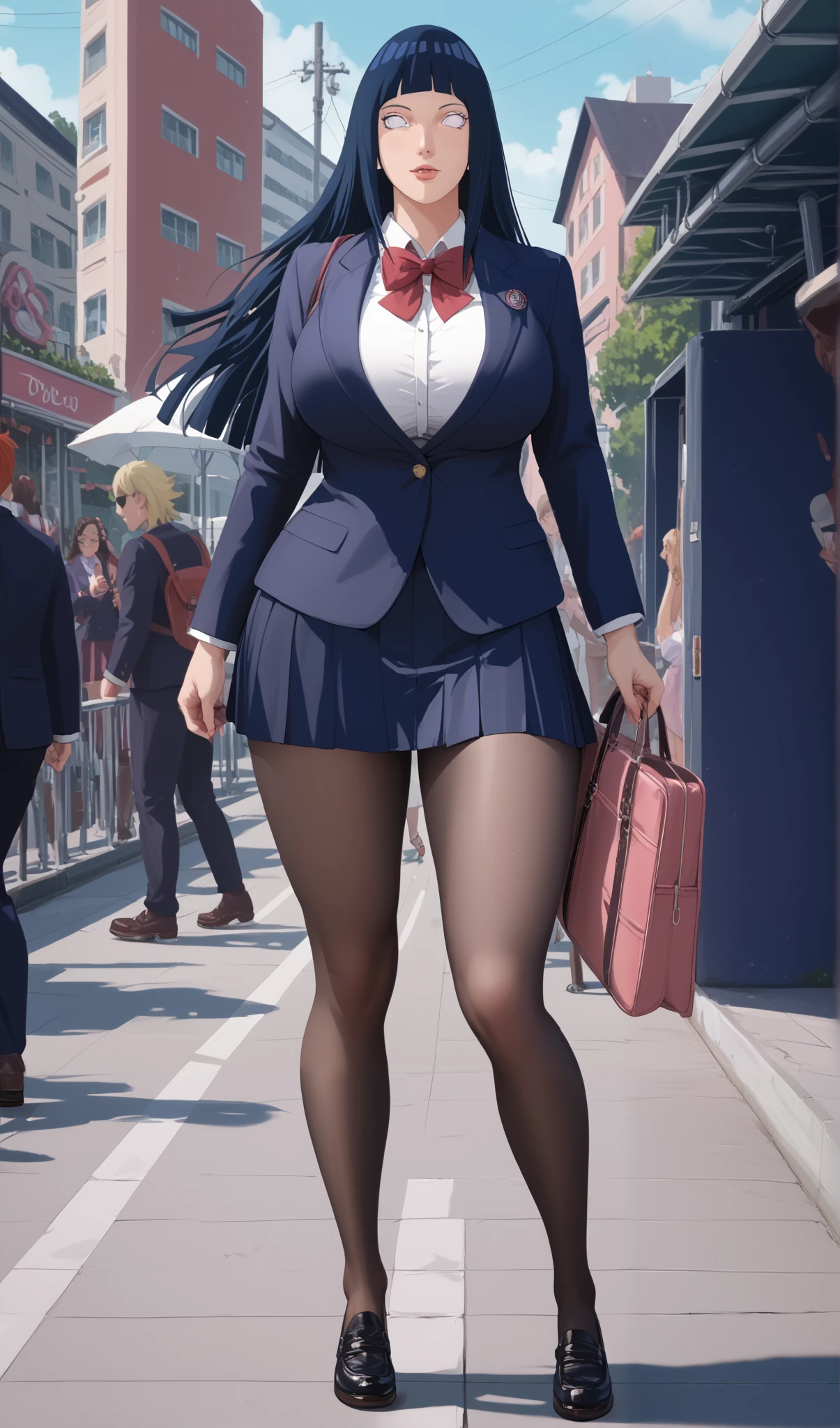 Hinata_Hyūga/Boruto, DARK BLUE HAIR, White EYES, LONG HAIR, BLUNT-BANGS HAIR. Score_10, Score_9, Score_8_up, Score_7_up, Score_6_up, Score_5_up, Score_4_up, Source_anime, Tag1, Tag2, Quality_masterpiece, Anatomically correct, Beautiful face, Perfect face, Highly detailed beautiful face and eyes, Attractive face, Detailed face, Delicate facial features, Huge Breasts, Huge Hips, Wide Ass, Hourglass Model Body, 4k,(best-quality:0.8),, (best-quality:0.8), perfect anime illustration, extreme portrait of a pretty woman, Full Body, Blazer, School Uniform, Mini Thighs-Length Skirt, Pantyhose, walking through the city