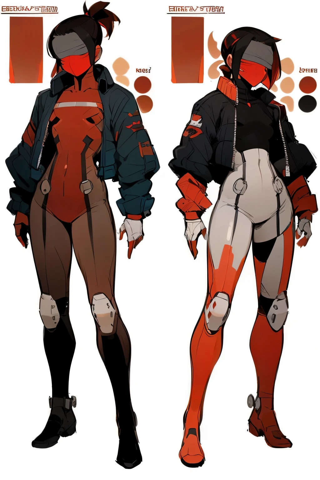 Mastepiece, Best Quality, Reference, white background, Character sheet, clothes sheet, (Dress only photo), ((clothes sheet:1.5)), (Multiple Perspectives, [whole body]:1), (blindfold, face covering, lace), ((black and red tone:1.5), wear jacket, bodysuit:1.5), ((gender neutral:1.0)), modern, science, (ponytail, black hair, red highlights, waist length hair)
