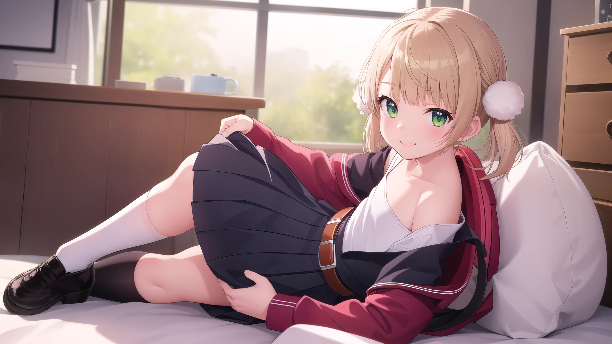 ((Masterpiece)),( best quality ), Official Art, highly detailed CG, Unity 8K Wallpaper , more details, beautiful detailed eyes, highly detailed face, 1 girl,Alone, stares at viewers,smile, smug , smirking , make them look younger, s,Shigure Ui ( Virtual YouTuber ), short hair while on a business trip, light brown hair, twin tails, pompom hair accessory, hair intake, green eyes, school uniform,bangs, red ribbon, colored shirt , white shirt,  long sleeve ,randoseru, red backpack ,belt, black dress , sleeveless dress , pleated dress, pinaphore dress, flat chest, knee-high, white socks,Black footwear,Indoor shoes,  anime girl lying on the bed , Little Curvy Girl , , super realistic  girl 、 sunderwear ,  low angle、  flat chest、 flat chest,  full body view,  low angle, back view、 Pleasant Face 、、Stain in crotch、Pee、Peeing、underwear