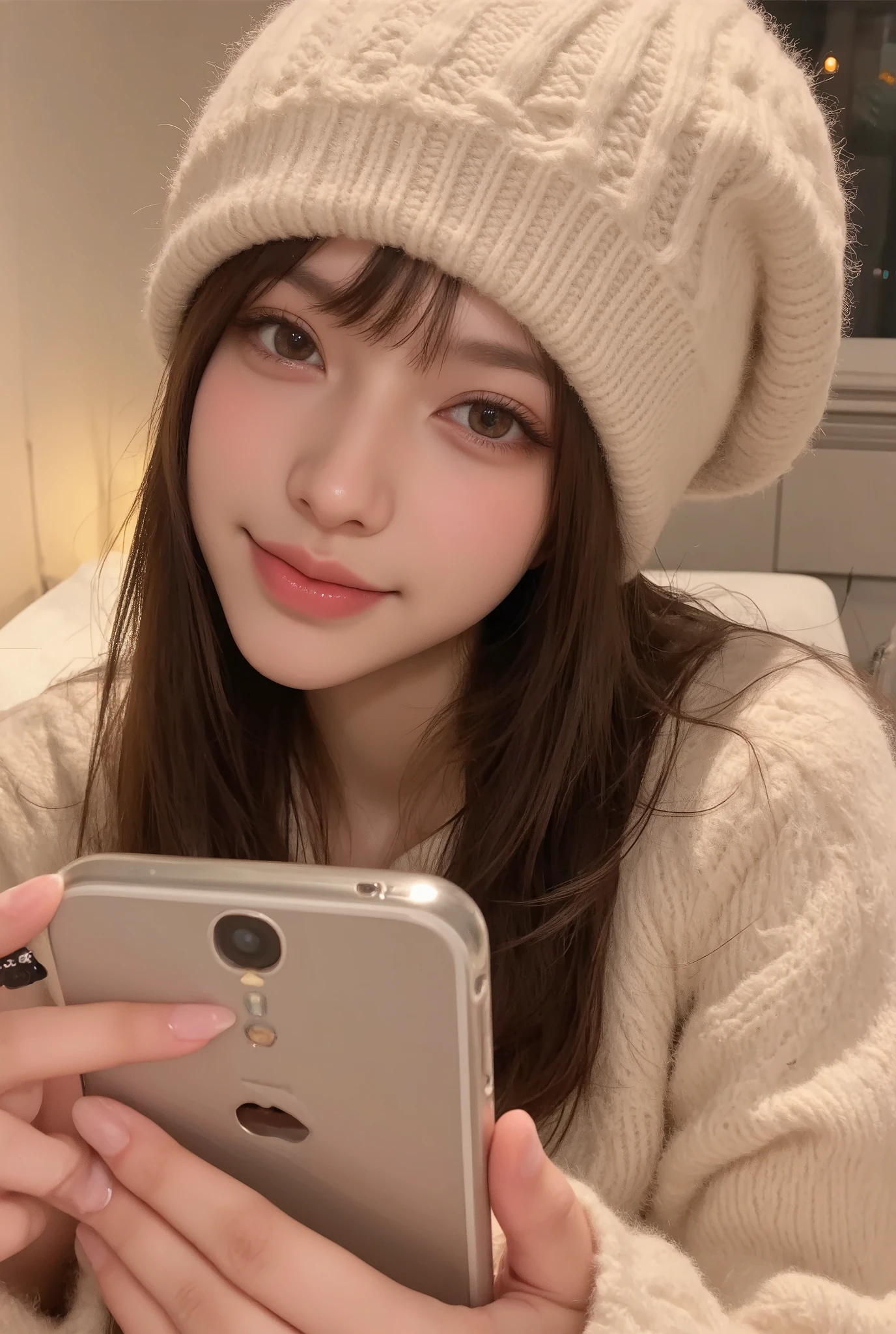  A beautiful Japanese woman takes selfies indoors 、 fills the frame with a close-up shot .  She's wearing a soft cream knit hat with a delicate cable knit pattern,  tilts slightly and has a playful expression .  Her comfy sweater ,  matches the tone of her hat ,  enhances her delicate facial features .  She holds her smartphone with one hand slightly tilted ,  Her face fits perfectly in the picture . Her smile is warm and bright ,  and her rosy cheeks highlight her natural beauty .  The softly blurred background suggests a minimalist ,  COZY ROOM WITH WARM LIGHTING ,  emphasizes her presence and the vibe of the moment of relaxation .
