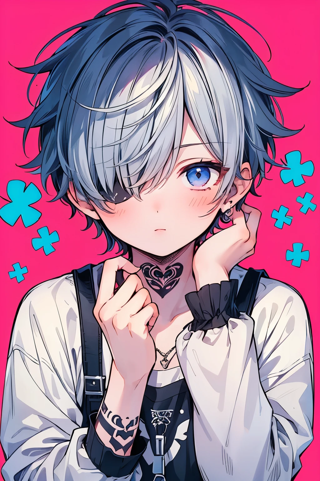 ((1-boy :1.5)), pleasant face,Puzzled,((Many clover mark:1.0)),((rolling eye:1.0)),Short Hair, curled hair with straight bangs,(( one eye is hidden by hair:1.5)), white hair,♥️,(NSFW:0.2),(ahoge:0.5),tattoo own Face with heart,kiss