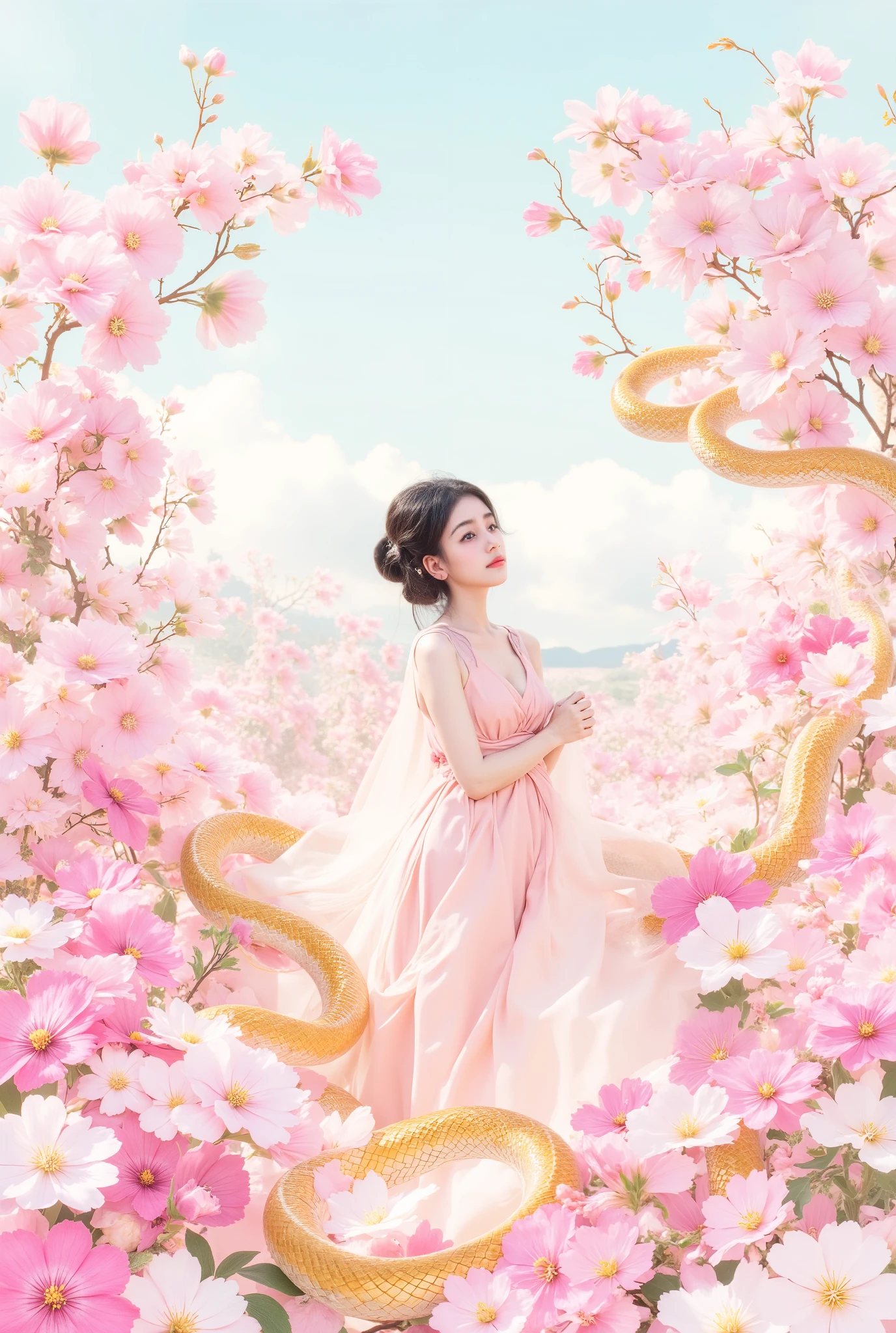 1 girl,flower, Lisianthus ,以Light Pink和浅青色为风格, dreamy romantic composition , Light Pink, Flowing leaves , interesting arrangement ,Fantasy , high contrast , Ink Strokes, explode, Overexposure, fuchsia impression , Summarize , (( watercolor )) Brush Strokes , Negative Space, circling golden snake