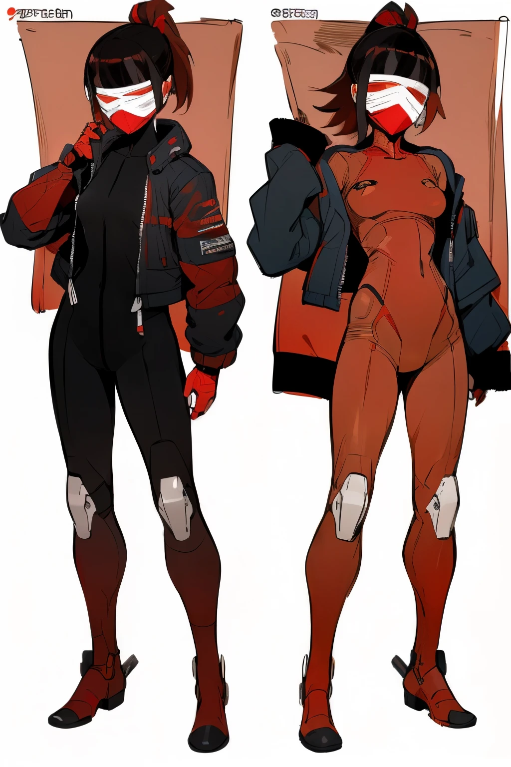 Mastepiece, Best Quality, Reference, white background, Character sheet, clothes sheet, (Dress only photo), ((clothes sheet:1.5)), (Multiple Perspectives, [whole body]:1), (blindfold, face covering, lace), ((black and red tone:1.5), wear jacket, bodysuit:1.5), ((gender neutral:1.0)), modern, science, (ponytail, black hair, red highlights, waist length hair)