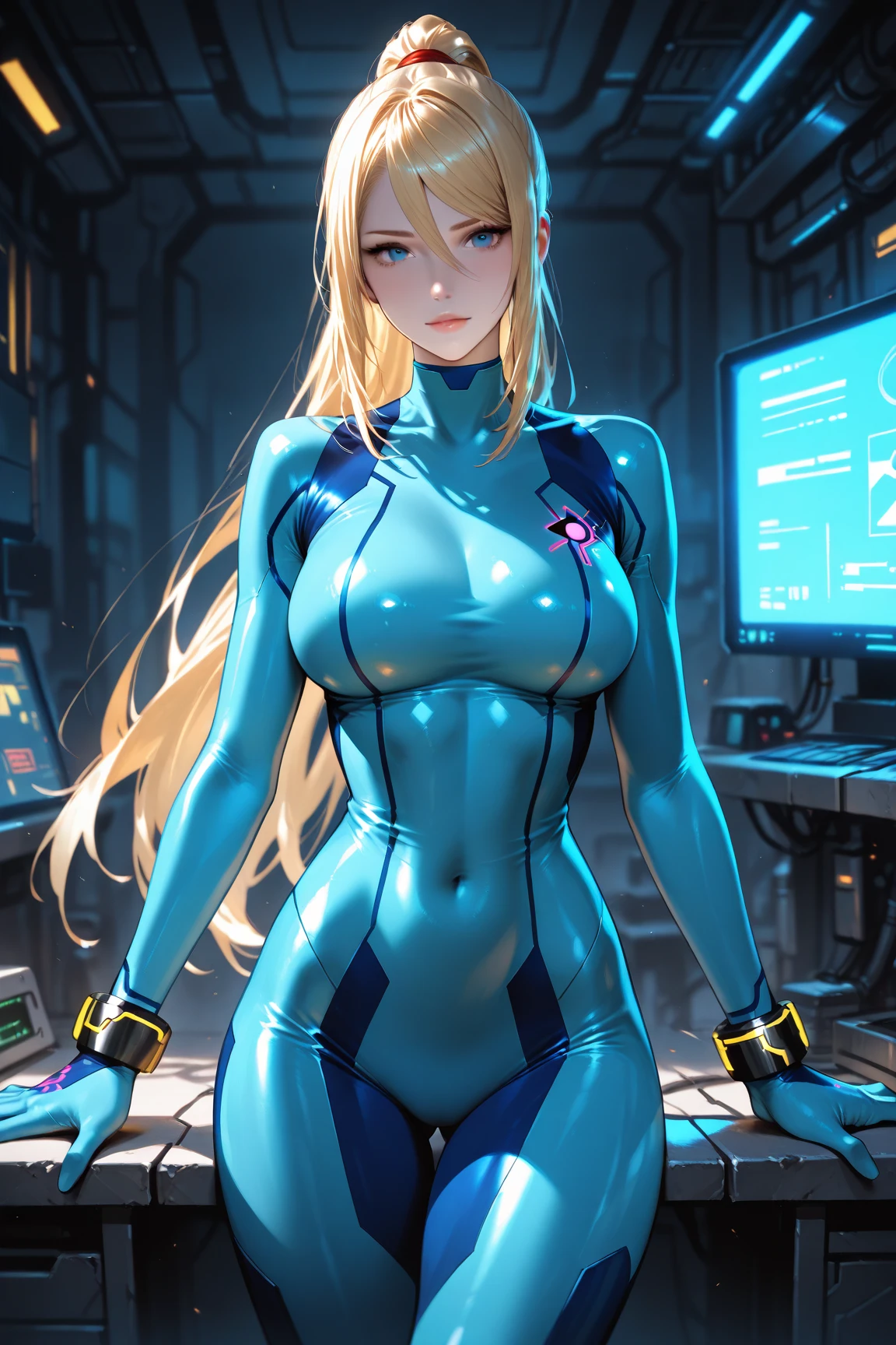 (masterpiece), best quality, expressive eyes, perfect face, highres, 1 girl solo, samus aran, ponytail, hair tie, blue gloves, blue bodysuit, city, futuristic city, serius, standing, upper body, portrait, looking at the viewer, child,