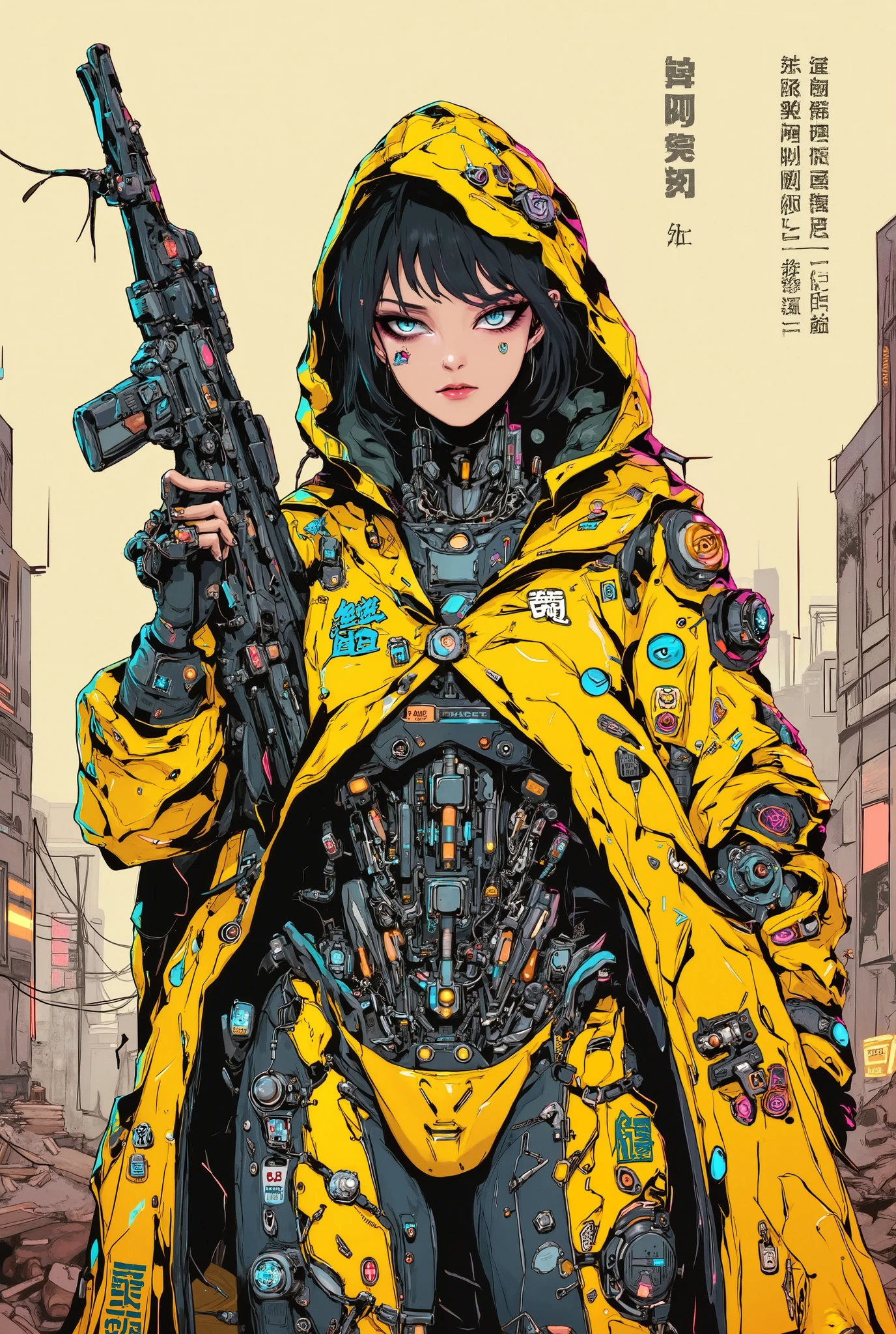 ((manga ((magazine cover)) illustration) of (perfect Asian cyborg girl wearing an intricate cybernetic plug suit and holding a rifle, wearing a tattered hooded cloak))、(Machine Body), ((LED lights)), (((dynamic pose))), magazine cover, warm colours, perfect features, abstract beauty, near perfection, pure form, concept art, intricate detail, 8k post-production, High resolution, super Detail, trending on ArtStation, sharp focus, black very short hair,  Cinema Art Style,Cinematic Lighting, standing in RUINED CITY、A strong wind is blowing、cyber punk、nsfw:1.2、((Exposed internal machinery))、((Machine arms and legs))、Beautiful fashion model、Cute Japanese Girl、 double eyelid、(round face)、 mouth slightly open、Cute idol high school girl face, Beautiful Japanese girl face, Cute seductive smile, Japanese Model, Beautiful Asian Girl, Girl cute beautiful face.