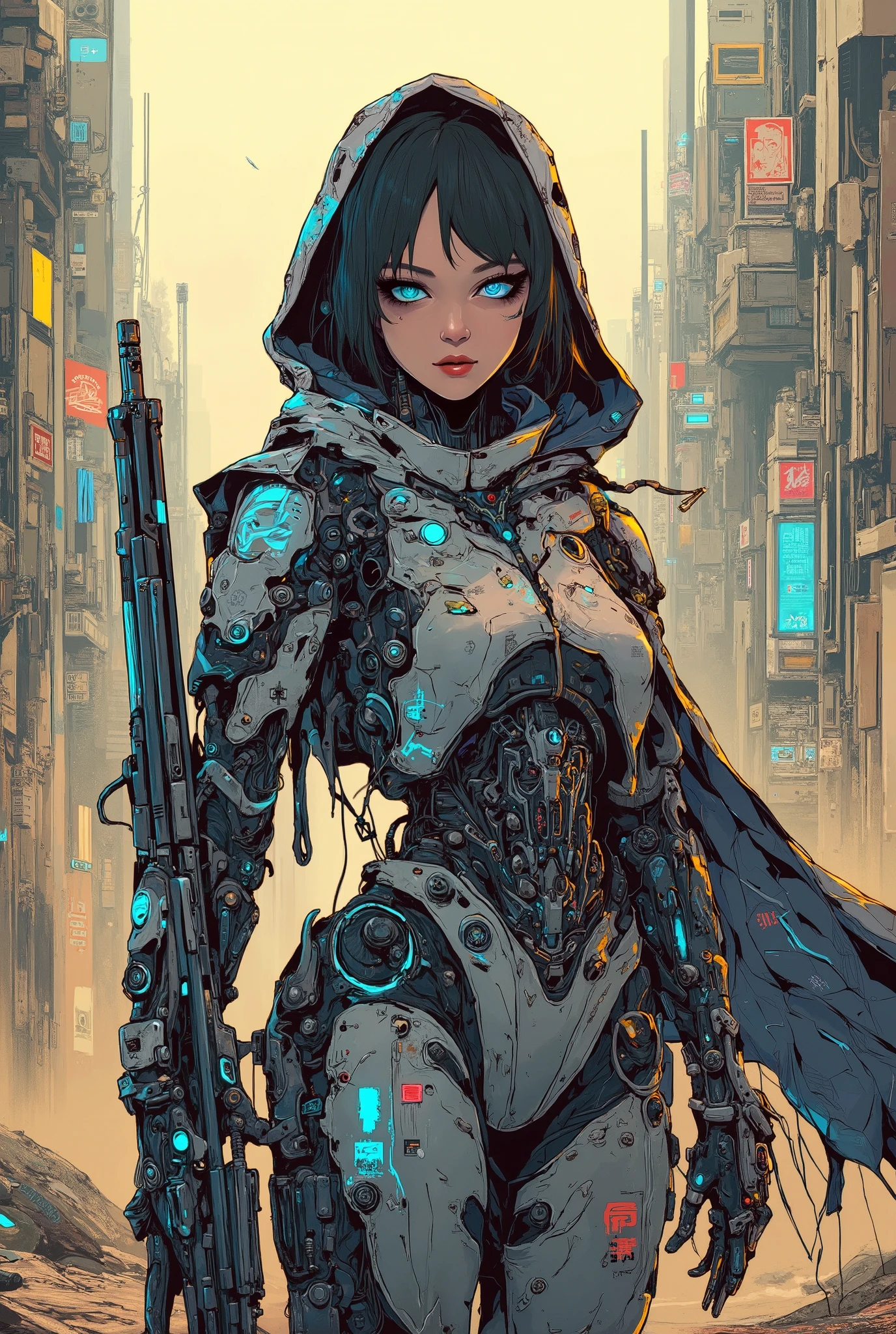 ((manga ((magazine cover)) illustration) of (perfect Asian cyborg girl wearing an intricate cybernetic plug suit and holding a rifle, wearing a tattered hooded cloak))、(Machine Body), ((LED lights)), (((dynamic pose))), magazine cover, warm colours, perfect features, abstract beauty, near perfection, pure form, concept art, intricate detail, 8k post-production, High resolution, super Detail, trending on ArtStation, sharp focus, black very short hair, Cinema Art Style,Cinematic Lighting, standing in RUINED CITY、A strong wind is blowing、cyber punk、nsfw:1.2、((Exposed internal machinery))、((Machine arms and legs))、Beautiful fashion model、Cute Japanese Girl、 double eyelid、(round face)、 mouth slightly open、Cute idol high school girl face, Beautiful Japanese girl face, Cute seductive smile, Japanese Model, Beautiful Asian Girl, Girl cute beautiful face.