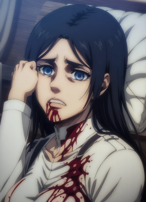 Alphad woman with blood on her face and a knife in her mouth, horror game graphics,