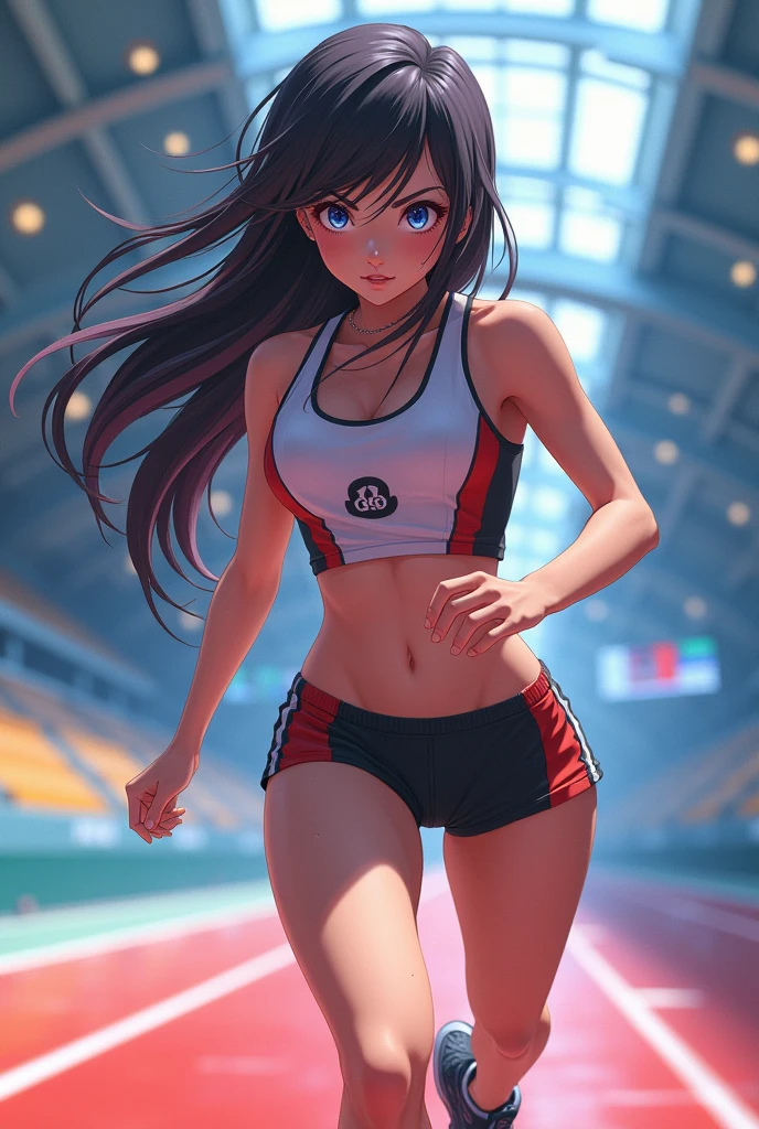 ((best quality, ultra-detailed)), stunning woman, confident pose, athletic build, sportswear, color blocking, natural makeup, bright lighting, stadium background