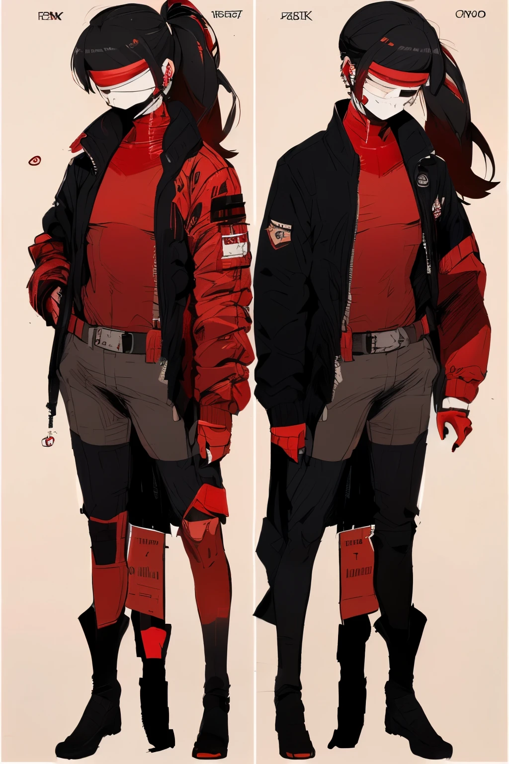 Mastepiece, Best Quality, Reference, white background, Character sheet, clothes sheet, (Dress only photo), ((clothes sheet:1.5)), (Multiple Perspectives, [whole body]:1), (blindfold, face covering, lace), ((black and red tone:1.5), wear jacket, bodysuit:1.5), ((gender neutral:1.0)), modern, science, (ponytail, black hair, red highlights, waist length hair)