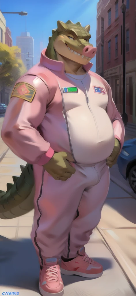 Solo, male, standing, alligator, rape face, hungry expression, grey skin, pink skin, big face, fangs, blep, thick tongue, green eyes, detailed eyes, overweight, flabby, big, massive, giant, fat, big arms, by chunie, by darkgem, by dramamine, by glitter trap boy, (((boxers, big bulge,  Outline  outline,  base, underwear only, detailed genitalia outline, detailed crotch))), space, spaceship, window