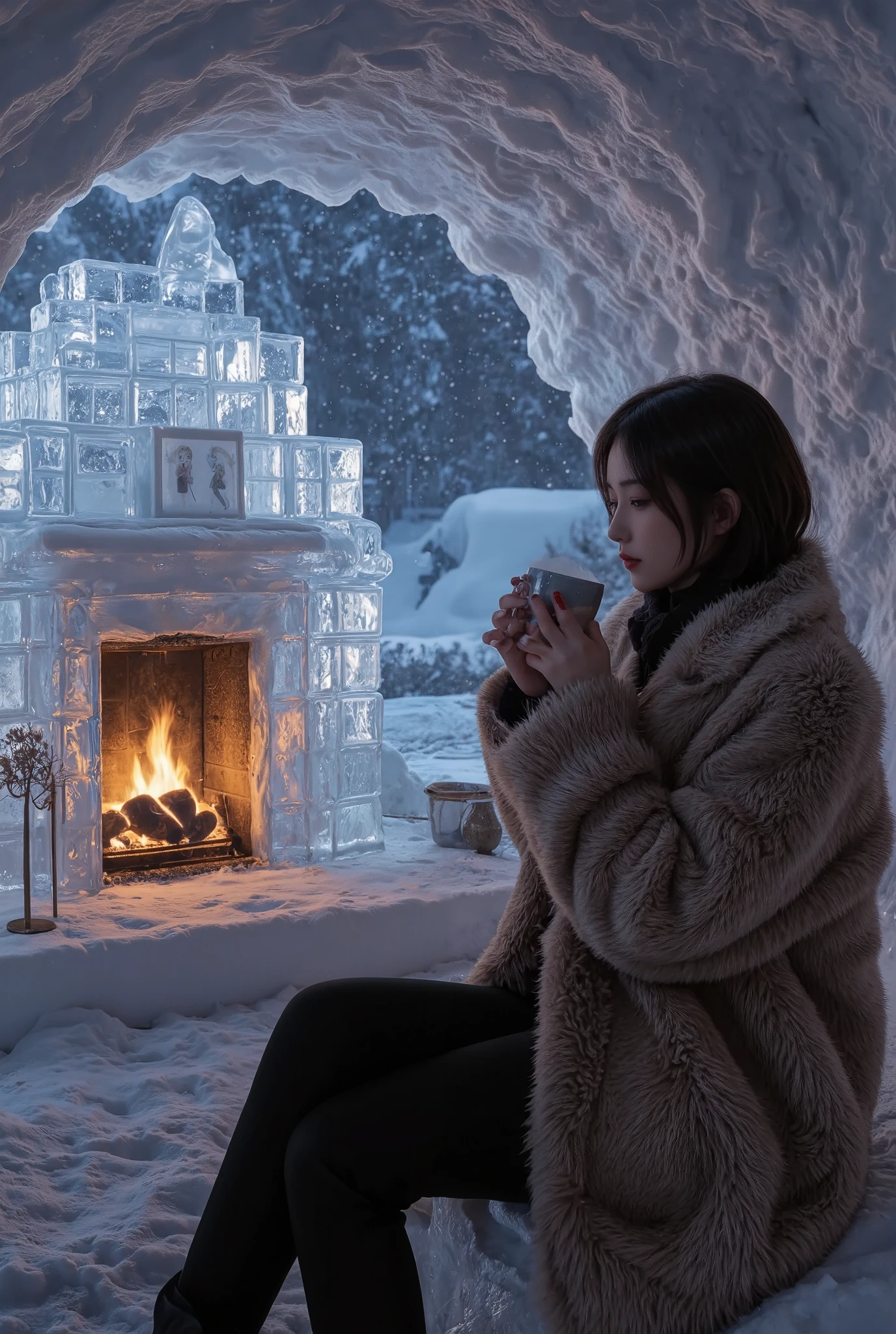 the huge transparent ice dome is made of ice blocks , Inside the ice dome , has a fireplace 、 A beautiful woman with short hair is warming up drinking coffee wearing a faux fur coat. break night view . outside, it's snowing . Fantasy Worldview . beautiful and fantastic depiction . Mr.々Effects , Has a Professional and Perfect Composition , Very Delicate Depiction , very clear images , Art Photography, surreal, more details, absolute resolution , Masterpiece