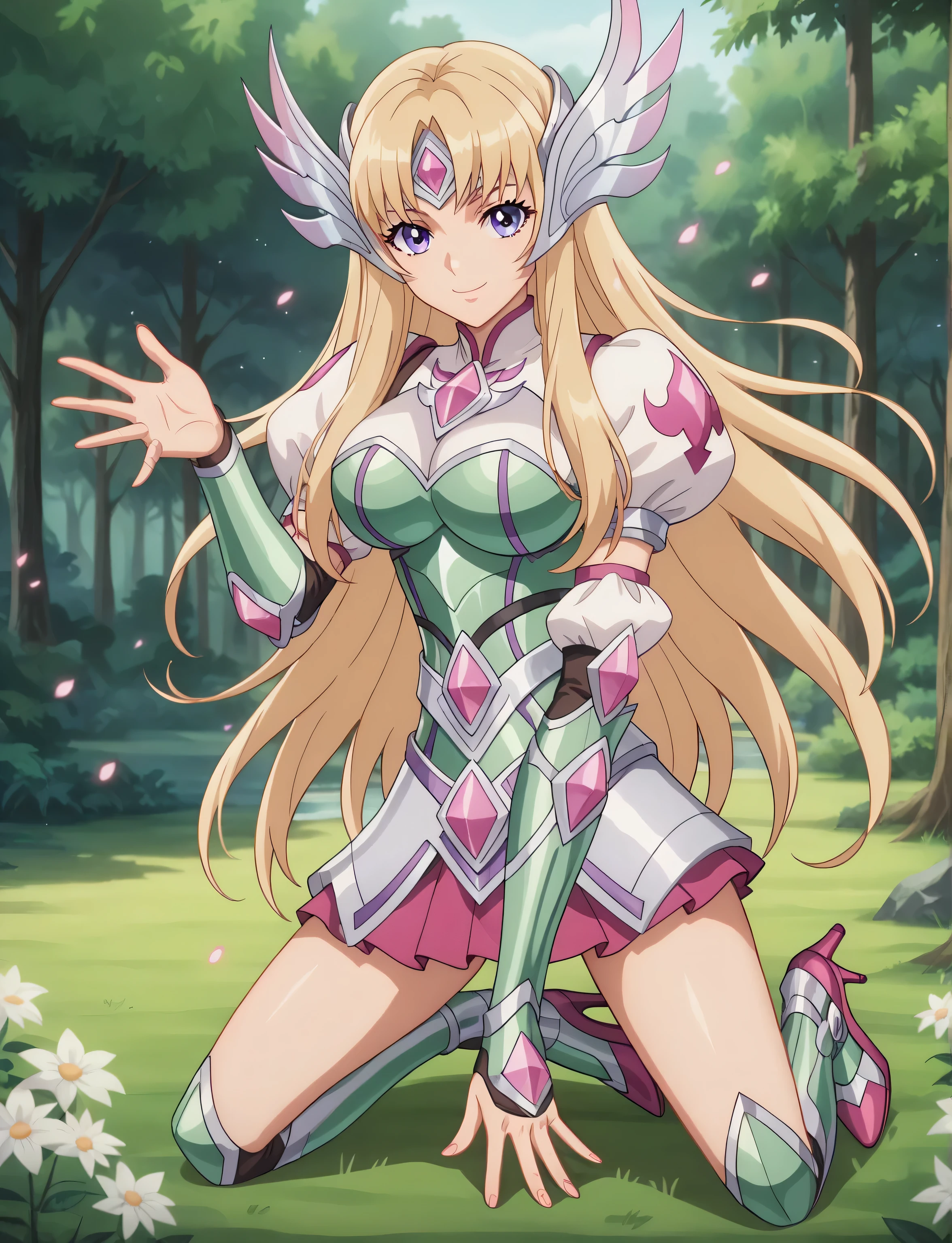 masterpiece, best quality, anime screenscap, aquila yuna, long hair, blonde hair, parted bangs, purple eyes, ((young female, sexy body, big breasts)), protector head, old aquila armor, green armor, white puffy sleeves, short sleeves, pink pattern, pink gem, short skirt, thighhigh, heels, natural shading, smooth lighting, perfect fingers, perfect body, smile, beautiful, forest, kneeling pose,