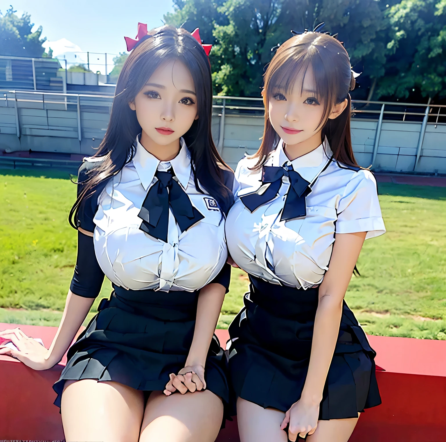 8K quality,  professional photography,  two beautiful girls, Above the knee, ( The two are completely wearing the white uniform of a high school girl ),  (Shirt on top of the skirt ), (The two face the camera and show off their red thin string ribbon ties). (Big Breasts with High Chest Position :1.3), skirtlift, 