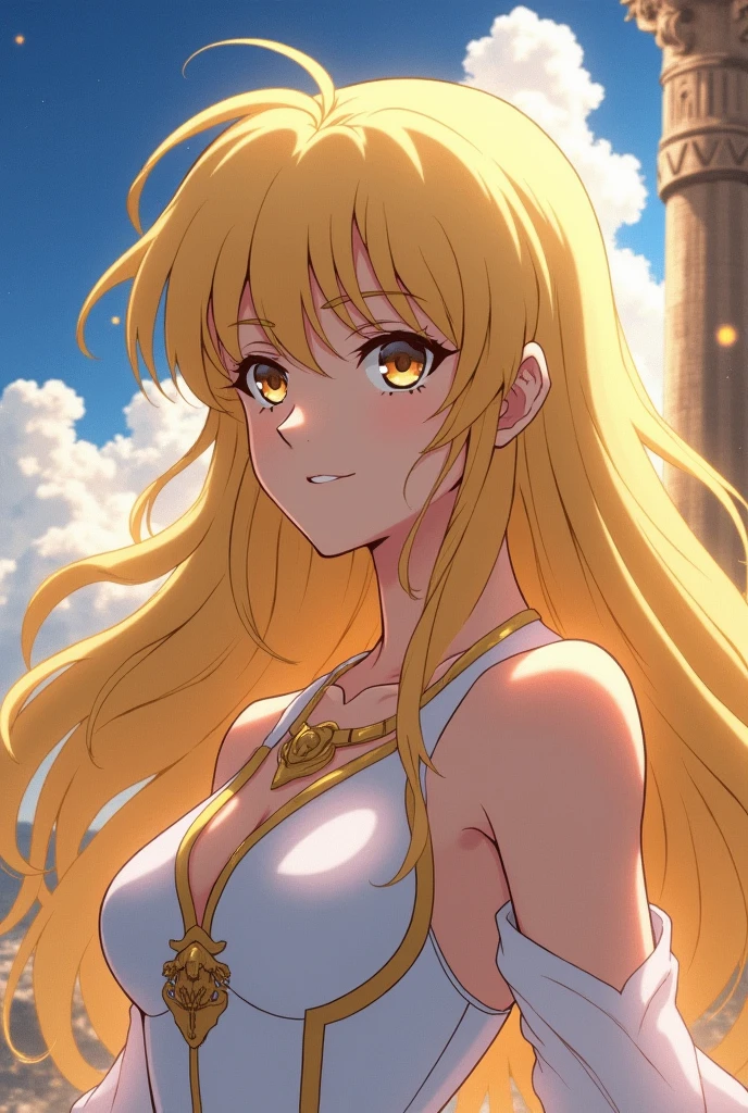 ((Highest quality)), ((masterpiece)), (detailed), (Perfect Face)、The woman is the Greek goddess Tyatia, wearing a white Doric chiton from ancient Greece, with medium blonde hair and green eyes.、A woman is shown smiling gently in a temple of ancient Greek mythology and wearing an ancient Greek white Doric chiton