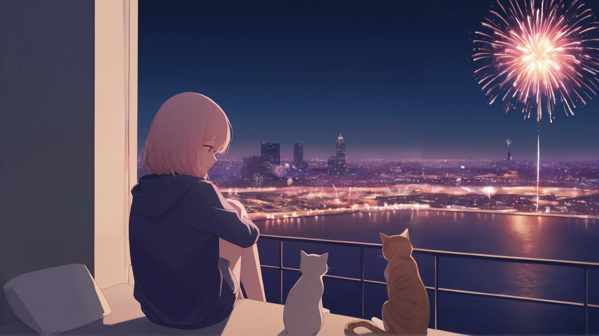 "A young woman wearing a headphone sits on a cozy balcony with her cat, looking down on the city at night in peace. The city is lit with lights and there is a simple fireworks display in the sky. The woman seems to be enjoying the scenery and fireworks.