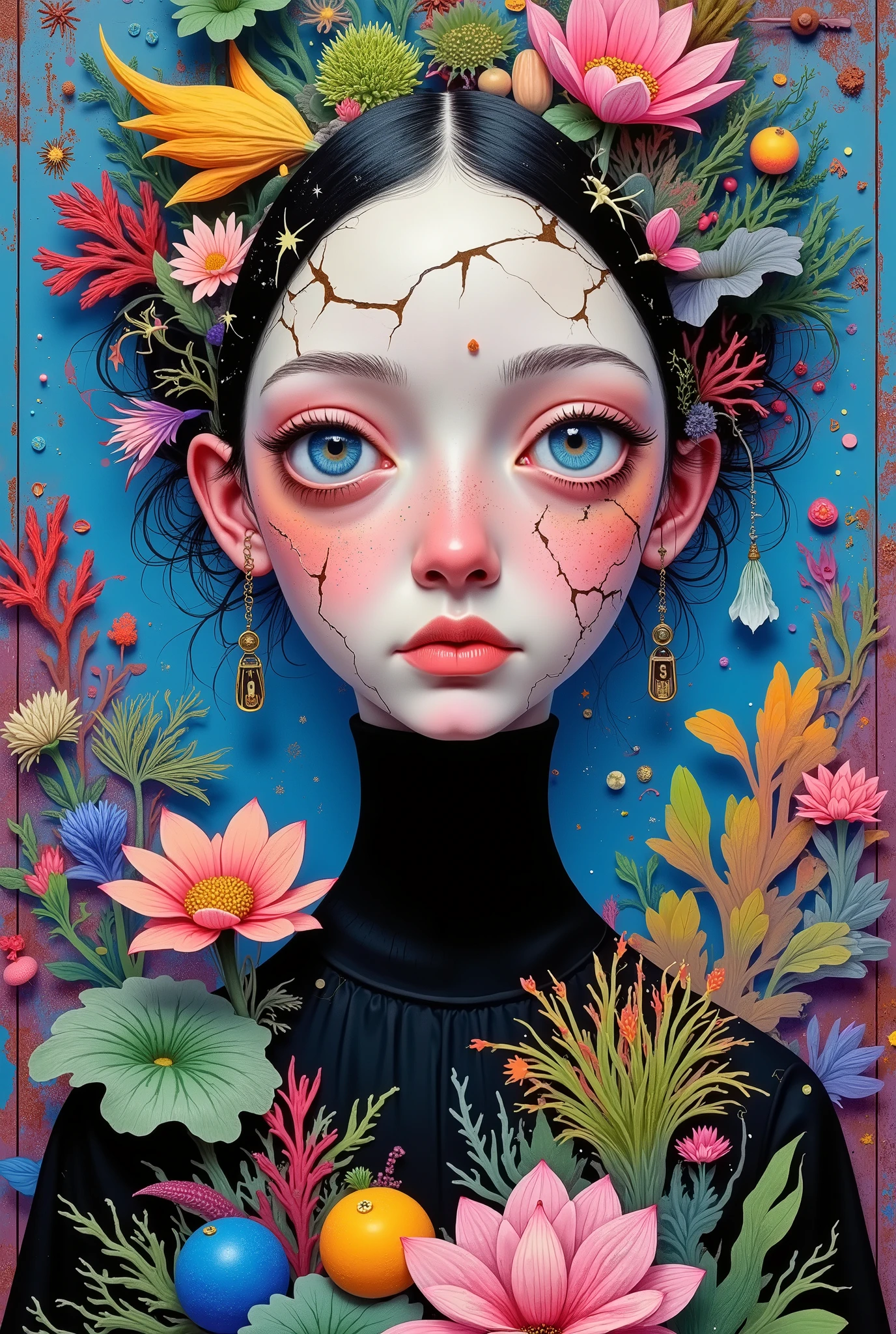 cracks, geometric shapes forming the face .
Colored background,Female face painting on blue metal with vegetable shapes