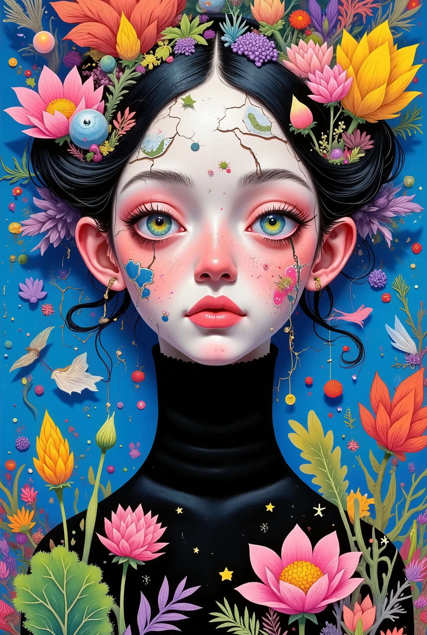 cracks, geometric shapes forming the face .
Colored background,Female face painting on blue metal with vegetable shapes